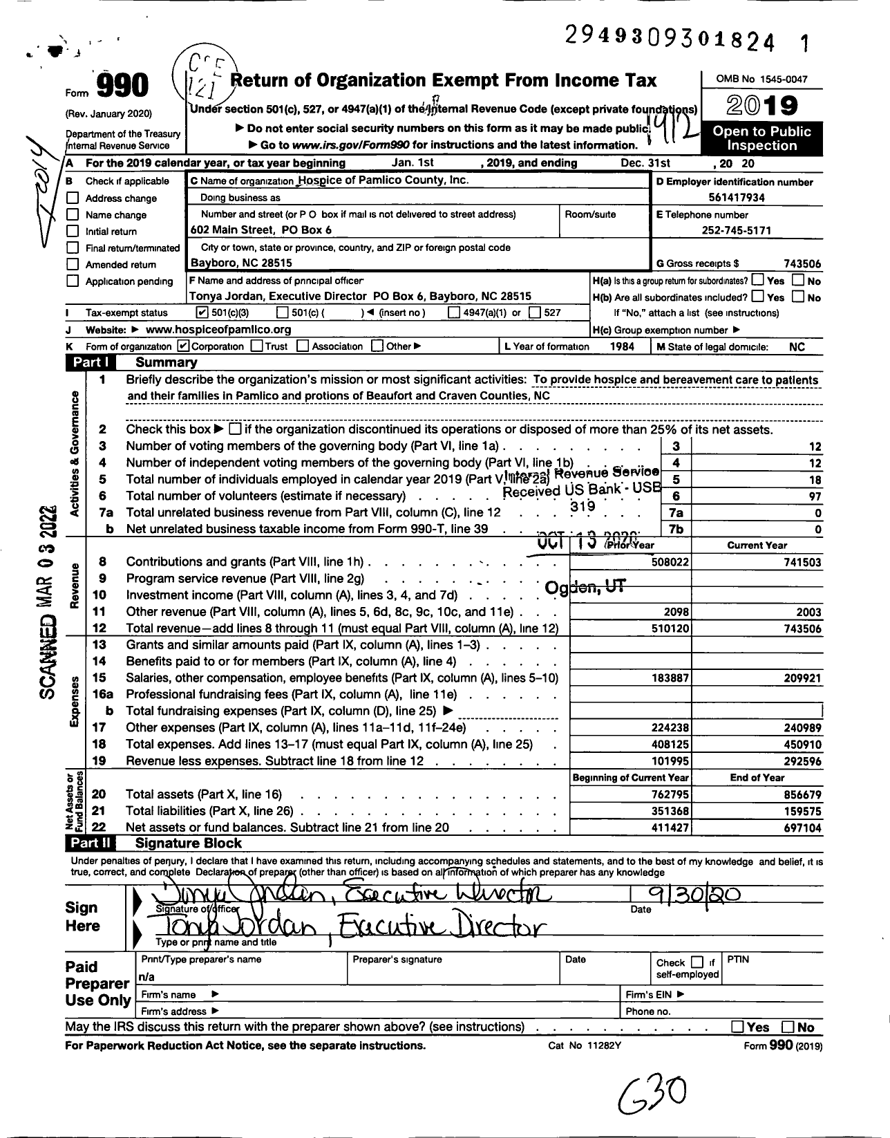 Image of first page of 2019 Form 990 for Hospice of Pamlico County