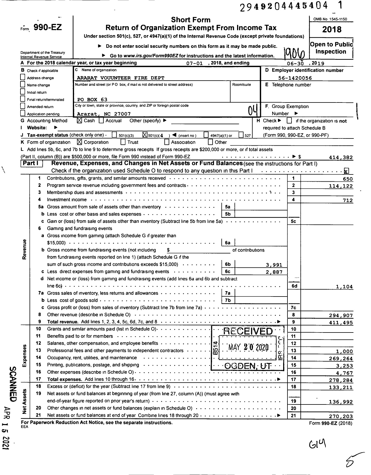 Image of first page of 2018 Form 990EO for Ararat Volunteer Fire Dept