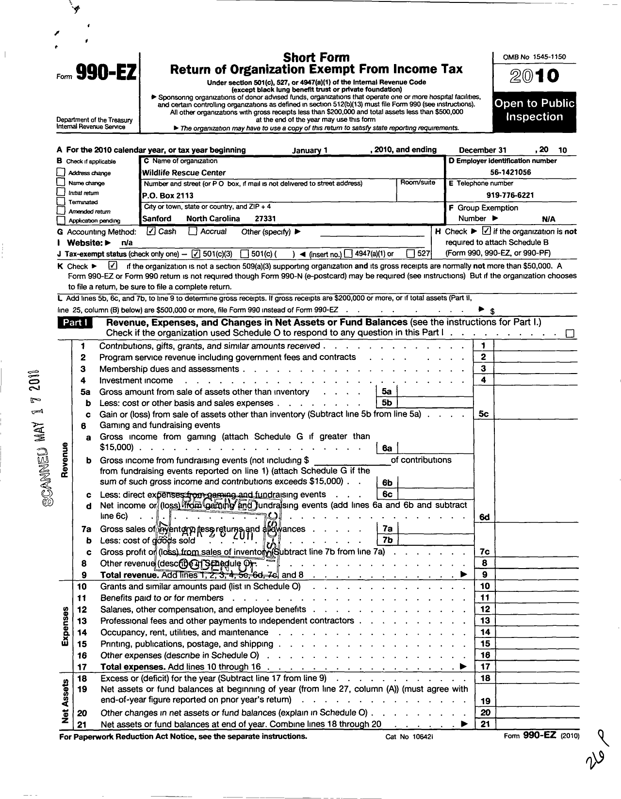 Image of first page of 2010 Form 990EZ for Wildlife Rescue Center