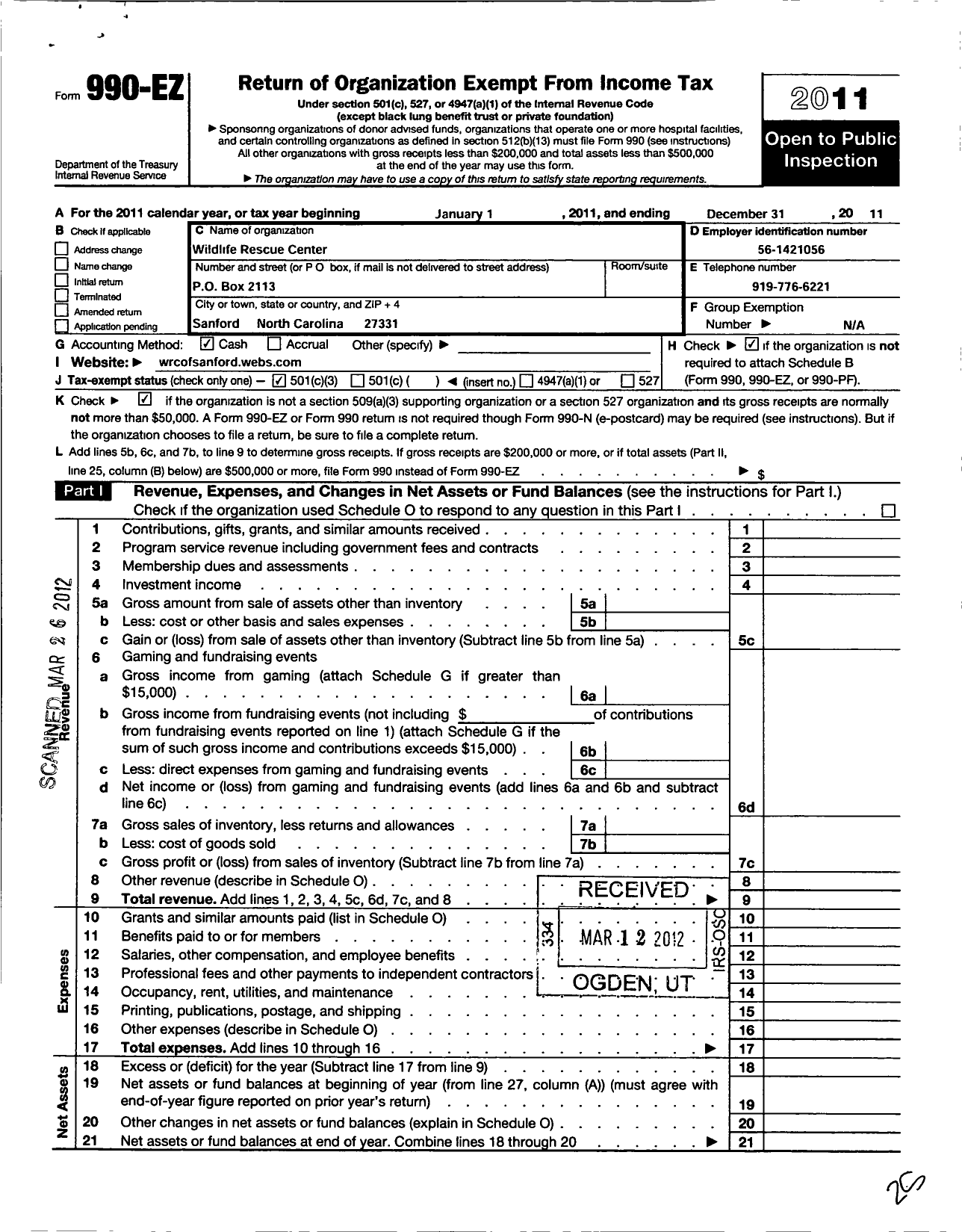 Image of first page of 2011 Form 990EZ for Wildlife Rescue Center