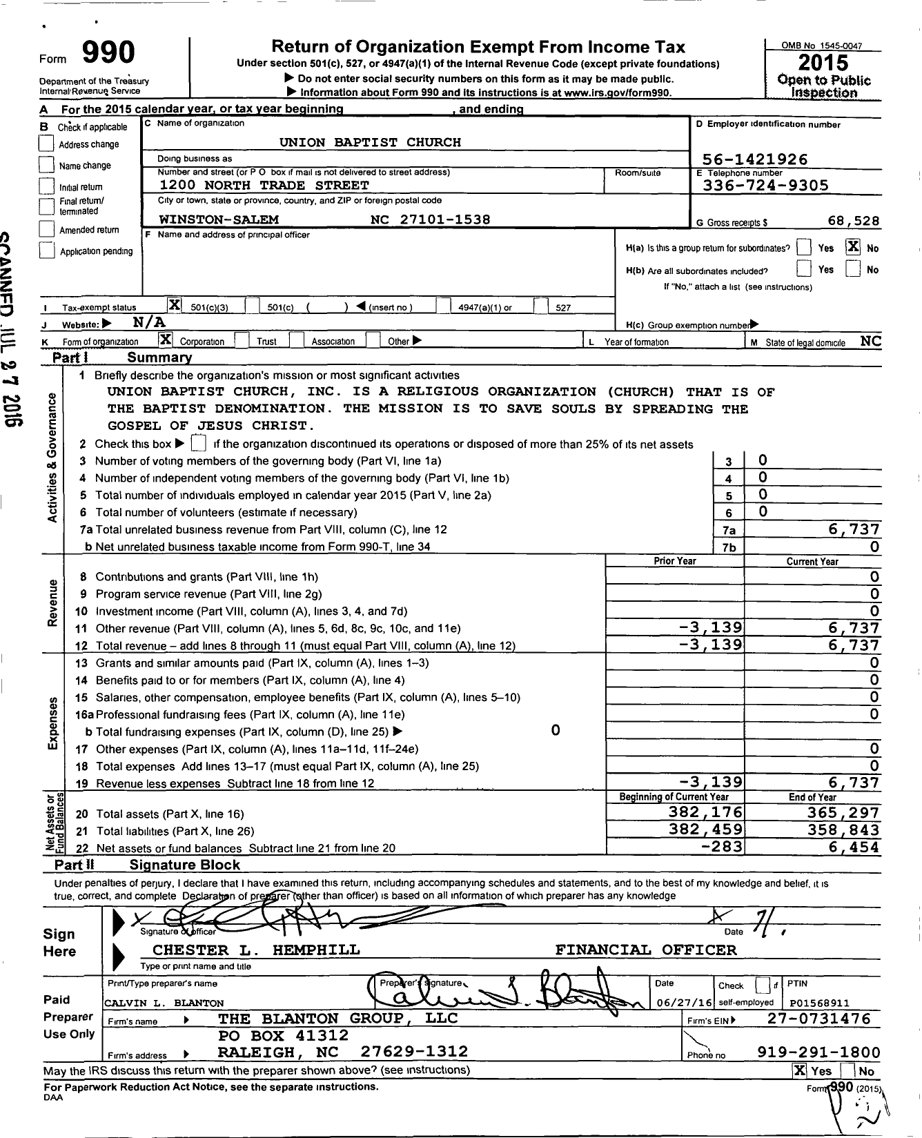 Image of first page of 2015 Form 990 for Union Baptist Church