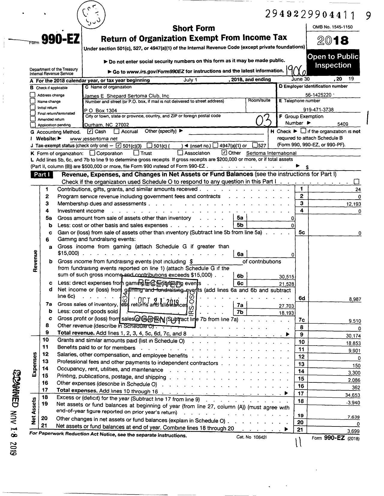 Image of first page of 2018 Form 990EZ for Sertoma - 10861 James E Shepard Sertoma Club