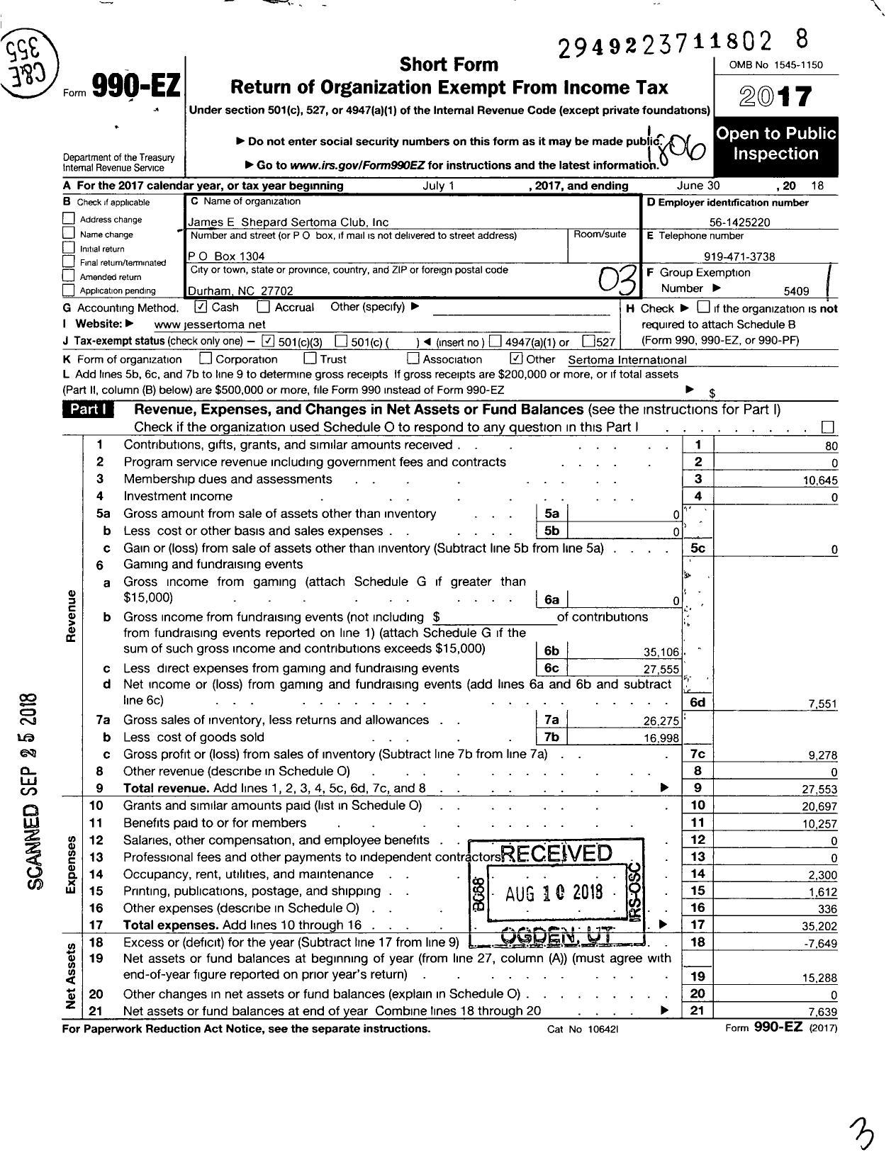 Image of first page of 2017 Form 990EZ for Sertoma - 10861 James E Shepard Sertoma Club