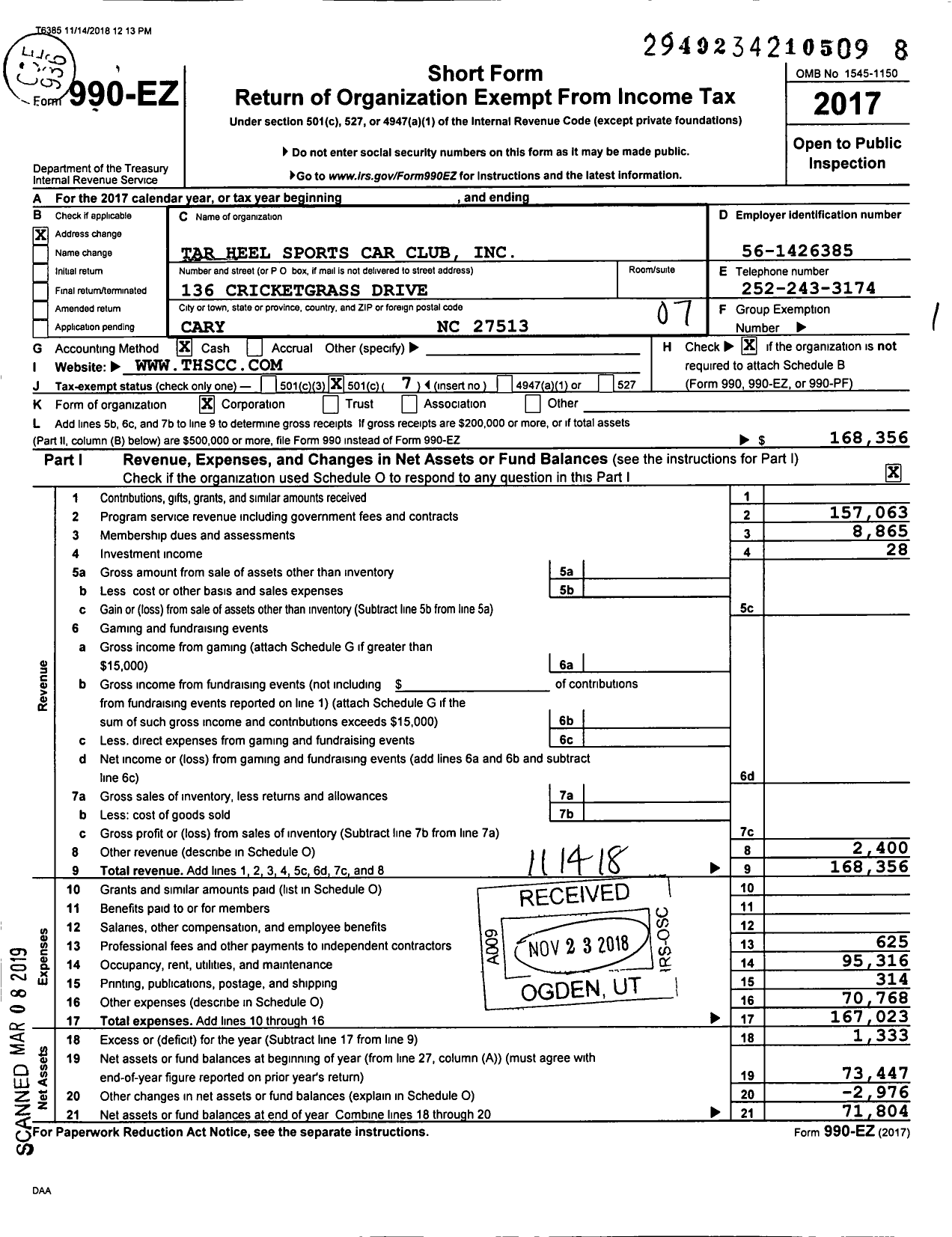 Image of first page of 2017 Form 990EO for Tar Heel Sports Car Club