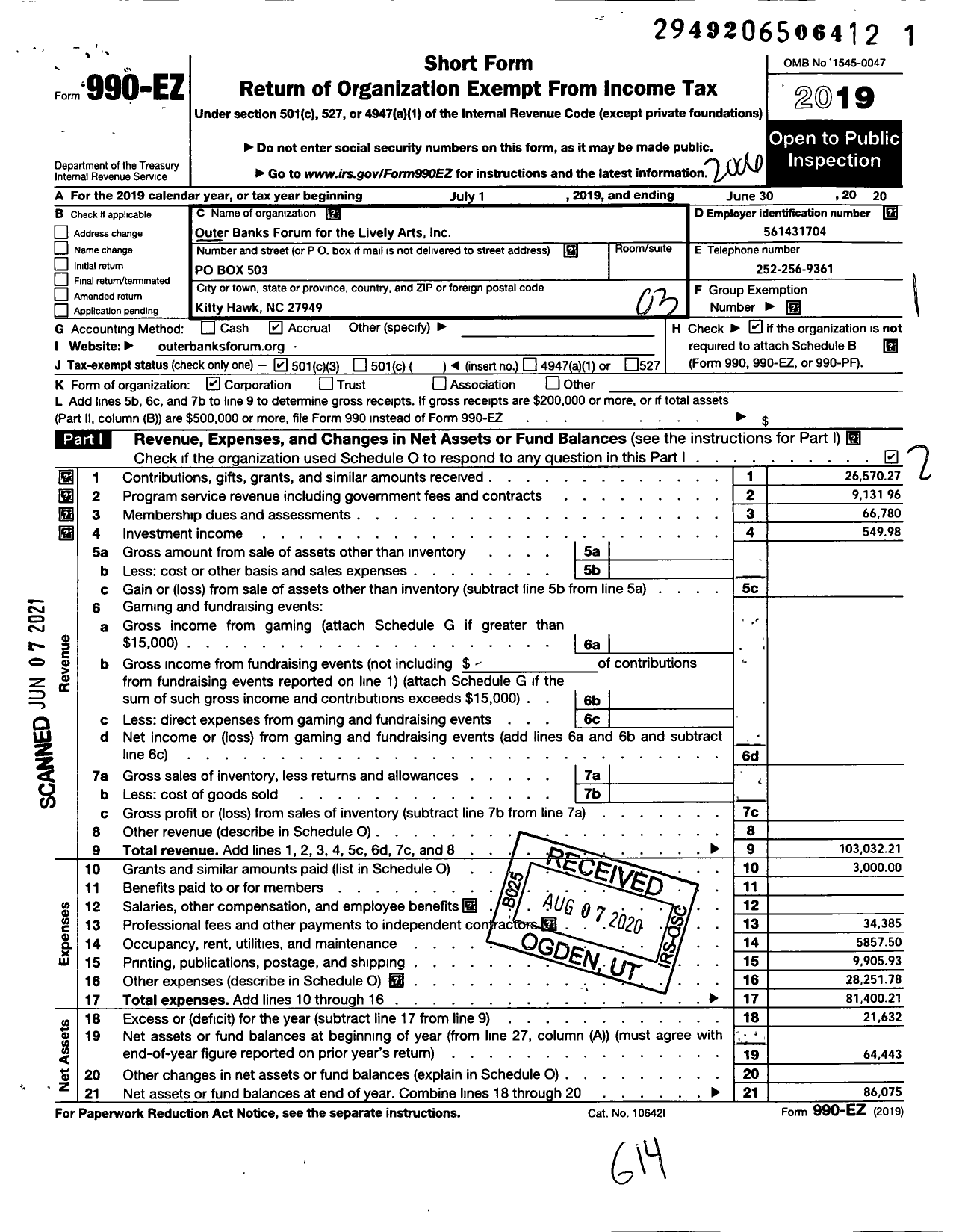 Image of first page of 2019 Form 990EZ for Outer Banks Forum for the Lively Arts