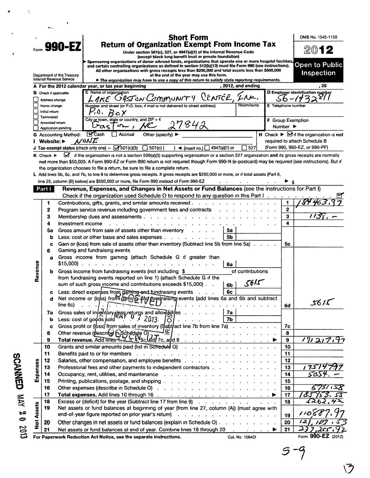 Image of first page of 2012 Form 990EZ for Lake Gaston Community Center