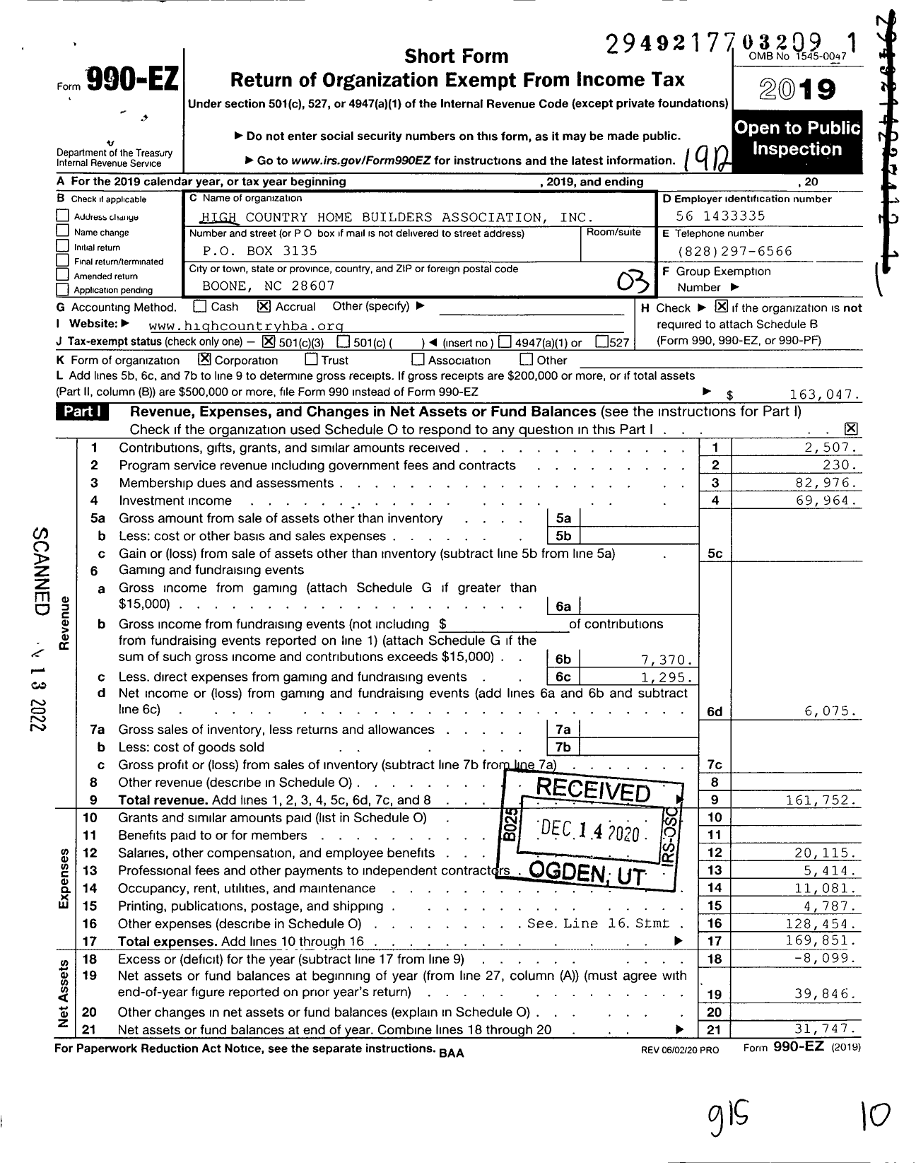 Image of first page of 2019 Form 990EZ for High Country Home Builders Association