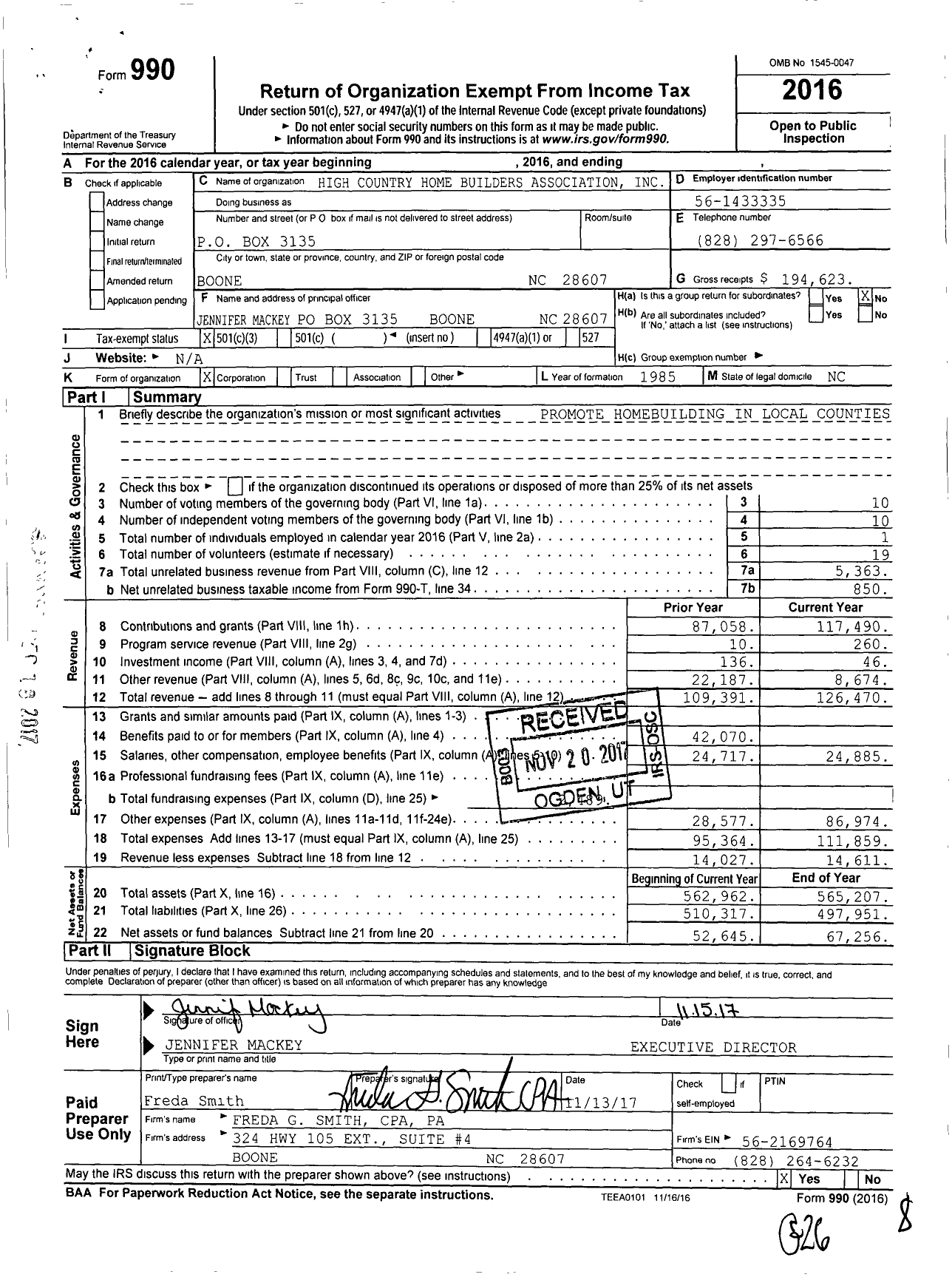 Image of first page of 2016 Form 990 for High Country Home Builders Association