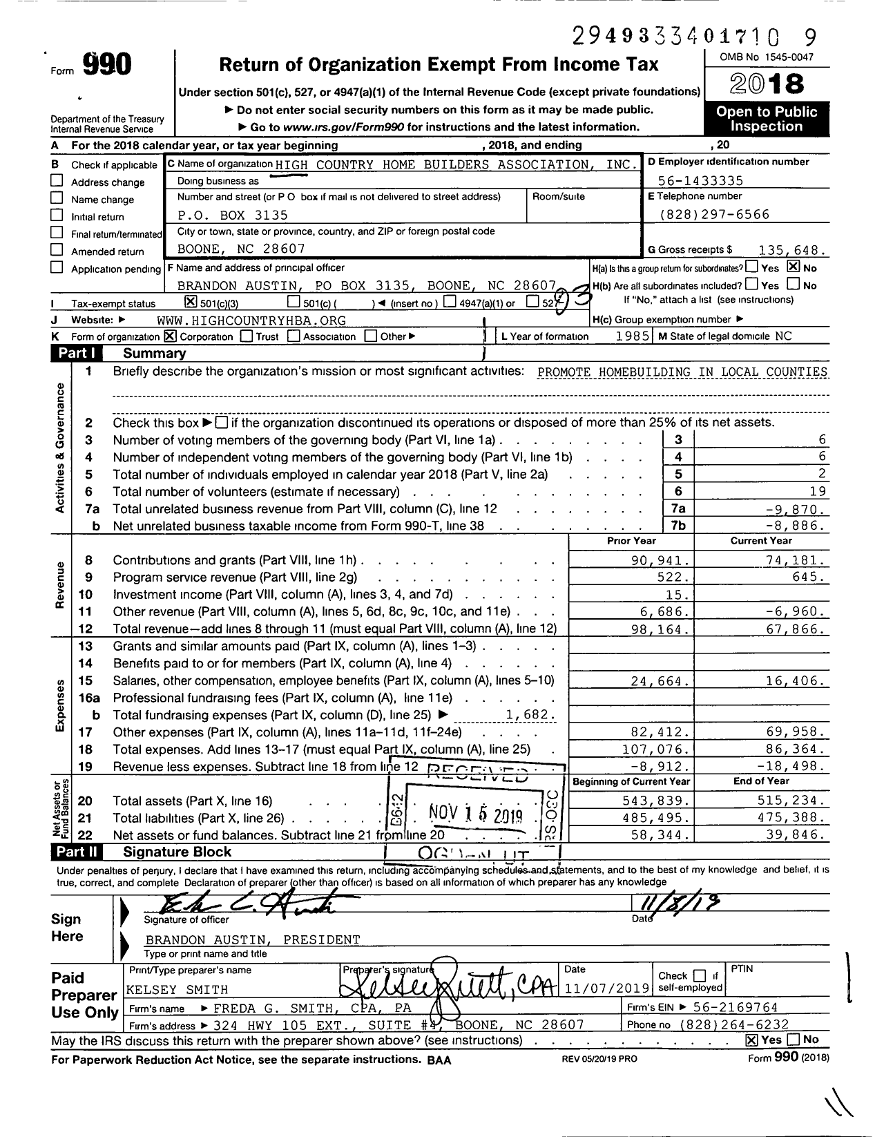 Image of first page of 2018 Form 990 for High Country Home Builders Association