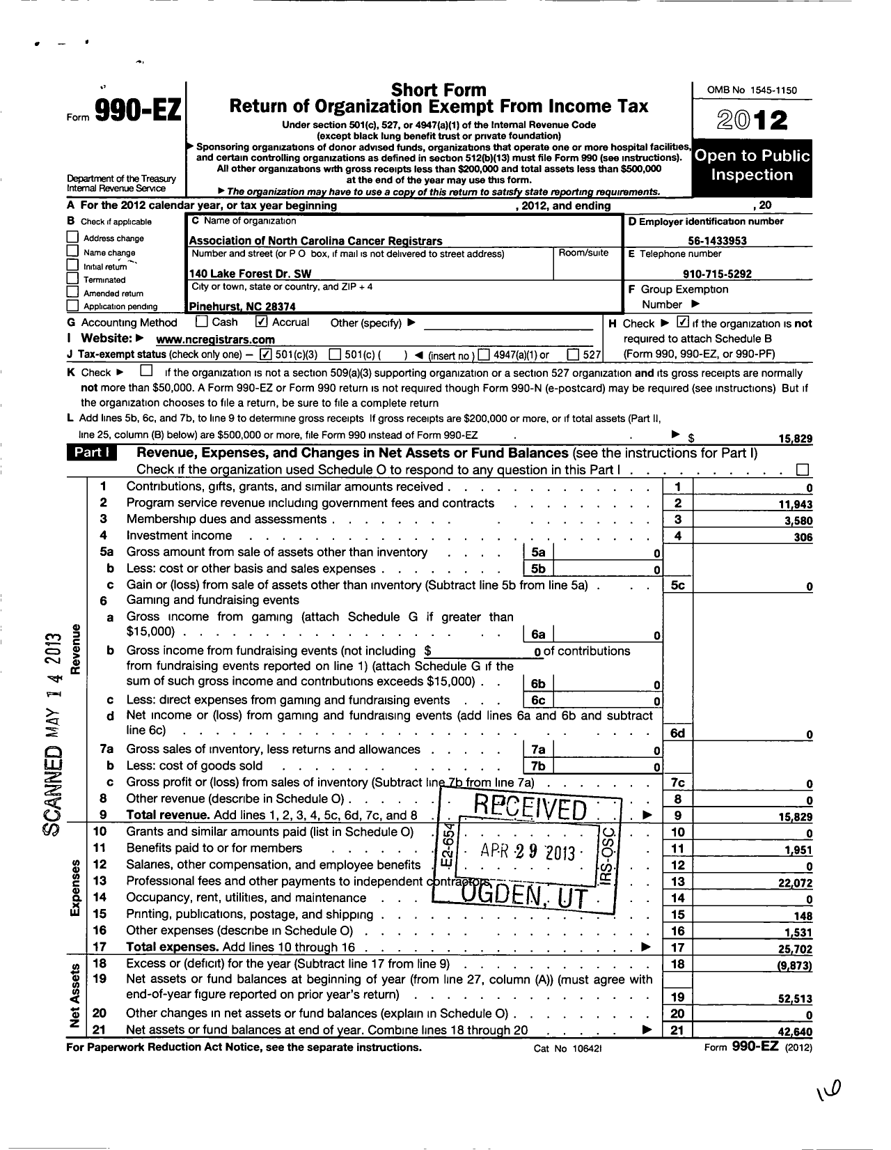 Image of first page of 2012 Form 990EZ for Association of North Carolina Cancer Registrars