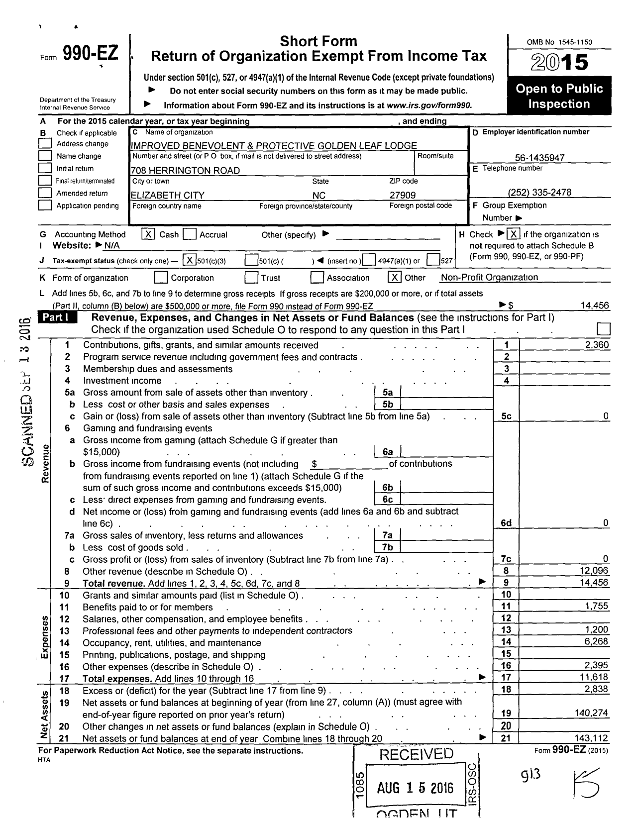 Image of first page of 2015 Form 990EZ for Improved Benevolent and Protective Order of Elks of the World - 142 Golden Leaf Lodge