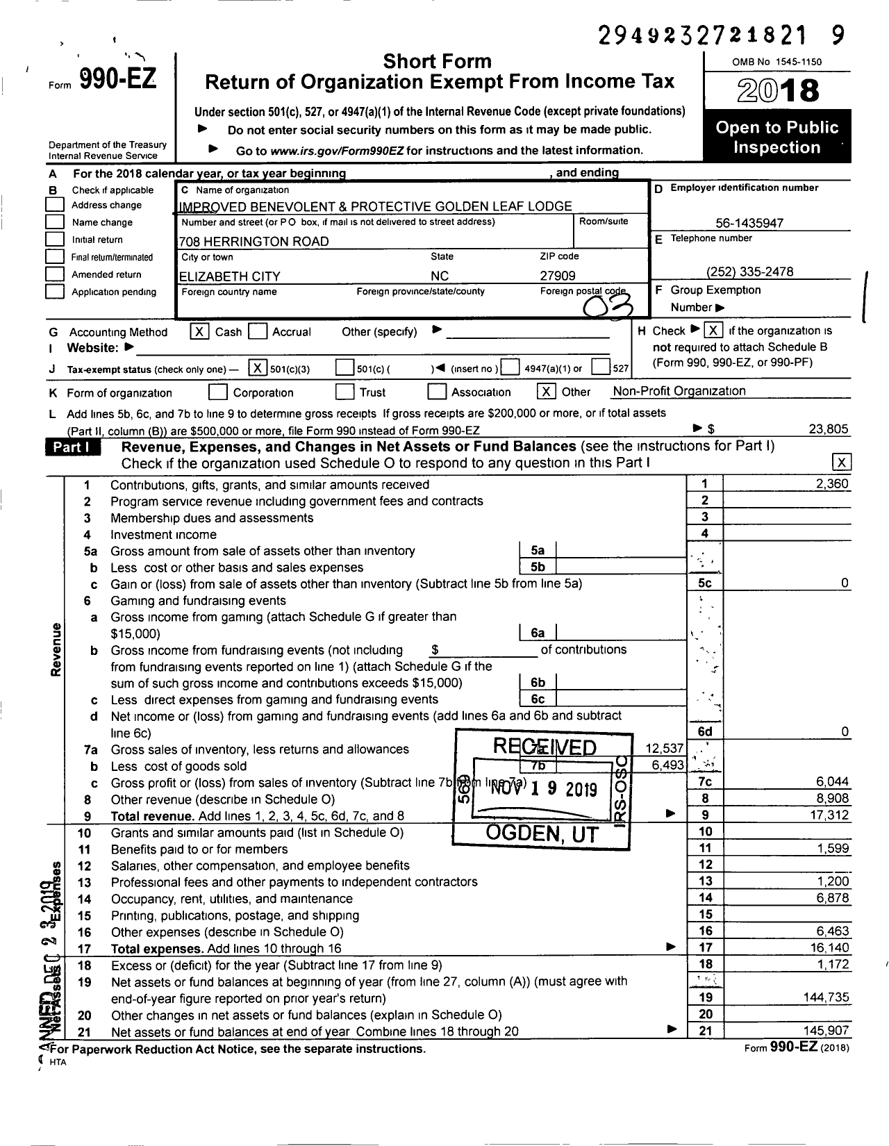 Image of first page of 2018 Form 990EZ for Improved Benevolent and Protective Order of Elks of the World - 142 Golden Leaf Lodge