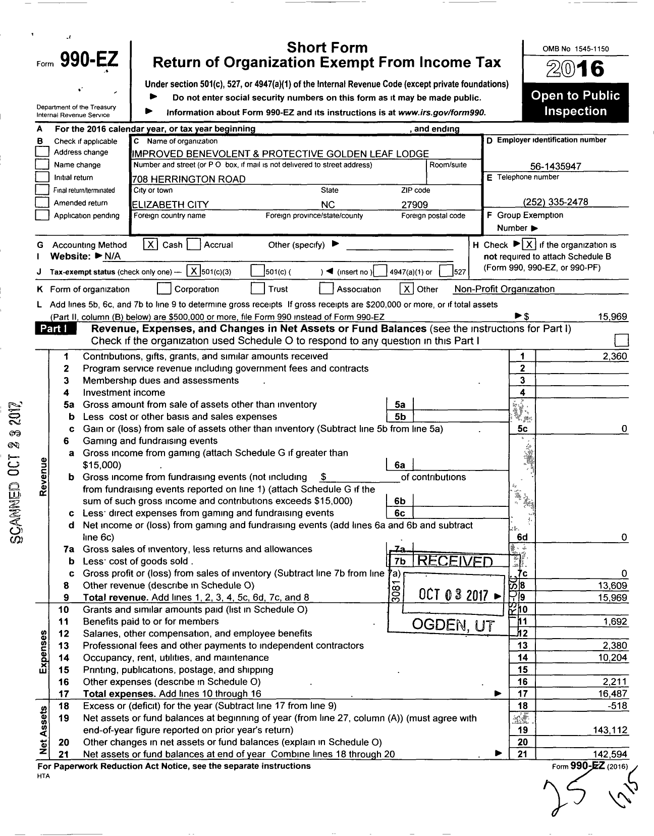 Image of first page of 2016 Form 990EZ for Improved Benevolent and Protective Order of Elks of the World - 142 Golden Leaf Lodge