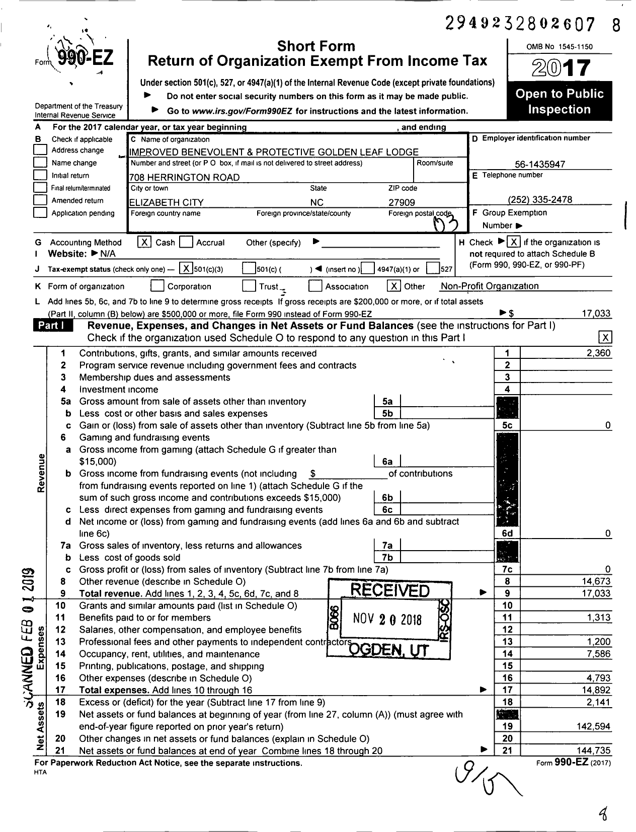 Image of first page of 2017 Form 990EZ for Improved Benevolent and Protective Order of Elks of the World - 142 Golden Leaf Lodge