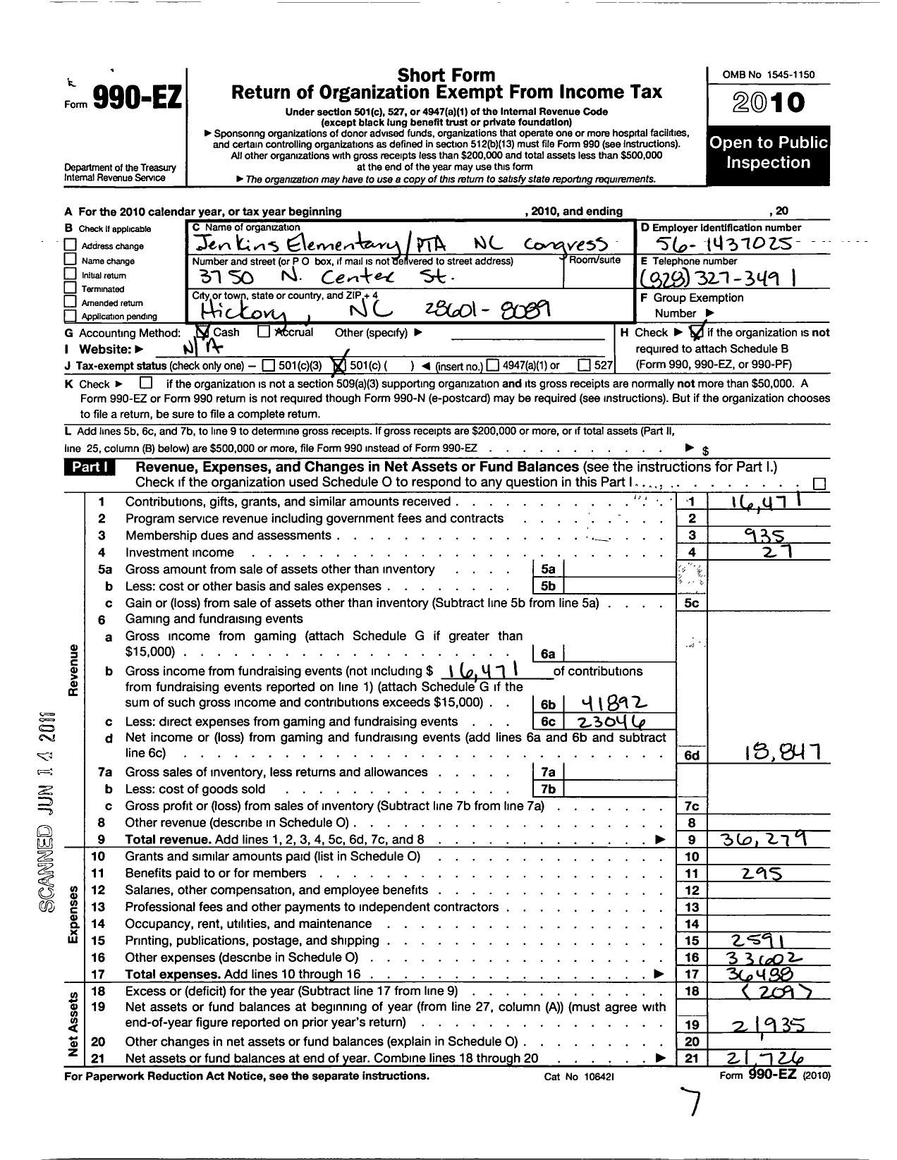 Image of first page of 2010 Form 990EO for North Carolina PTA - W M Jenkins Elementary School PTA