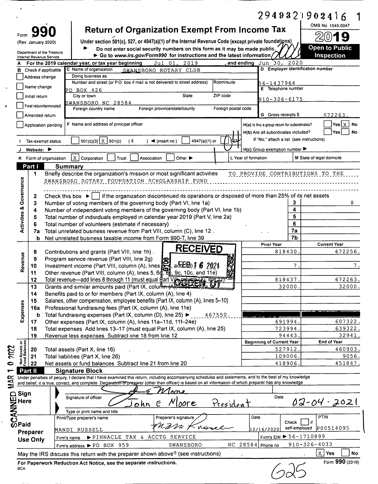 Image of first page of 2019 Form 990O for Rotary International - 25 Rotary Club of Swansboro NC