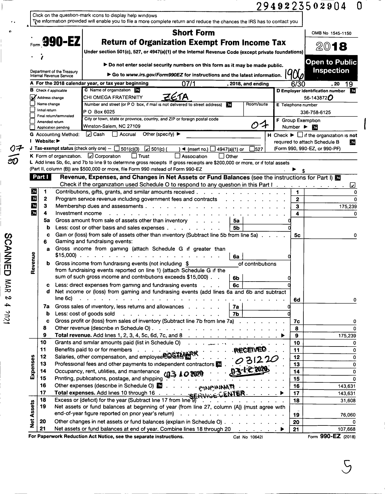 Image of first page of 2018 Form 990EO for Zeta Lambda Chapter of Chi Omega Fraternity