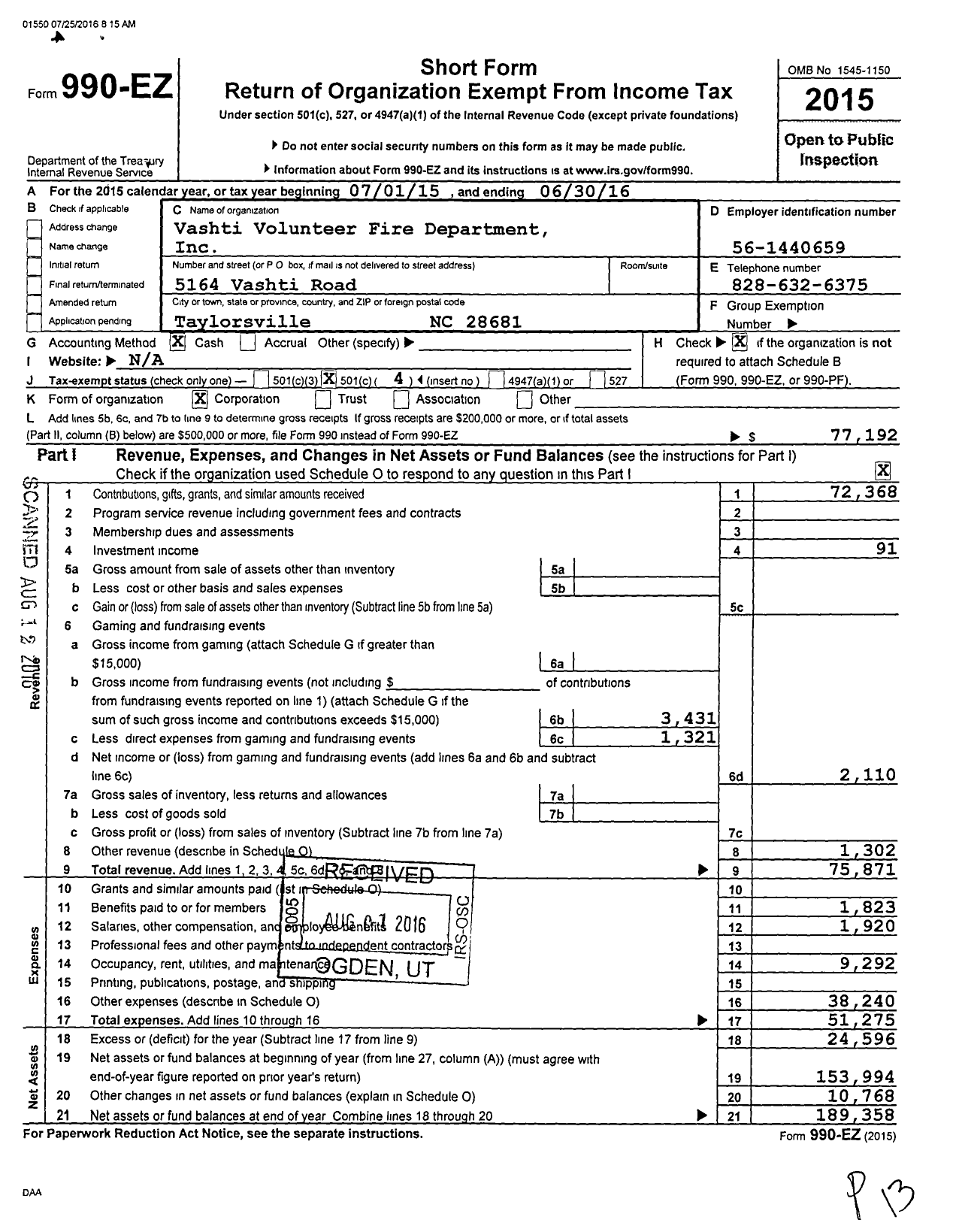 Image of first page of 2015 Form 990EO for Vashti Volunteer Fire Dept