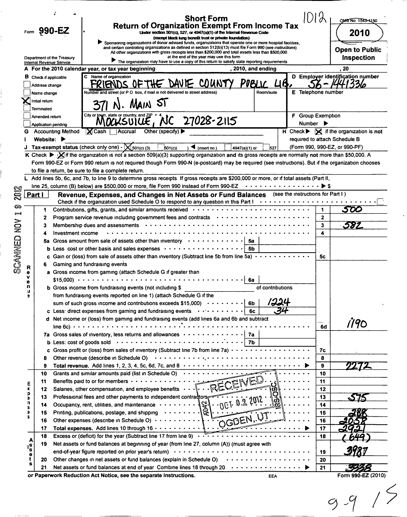 Image of first page of 2010 Form 990EZ for Friends of Davie County Public Library