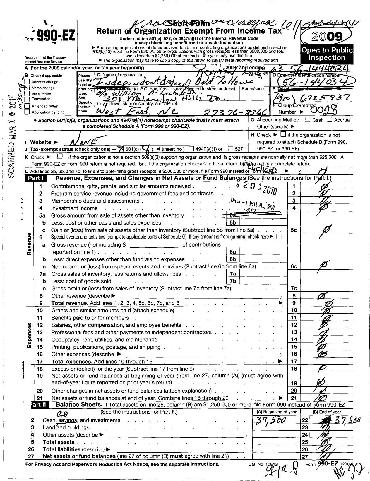 Image of first page of 2009 Form 990EO for Independent Order of Odd Fellows - 63 Repiton Lodge