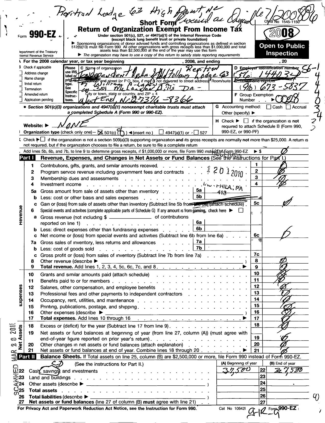 Image of first page of 2008 Form 990EO for Independent Order of Odd Fellows - 63 Repiton Lodge