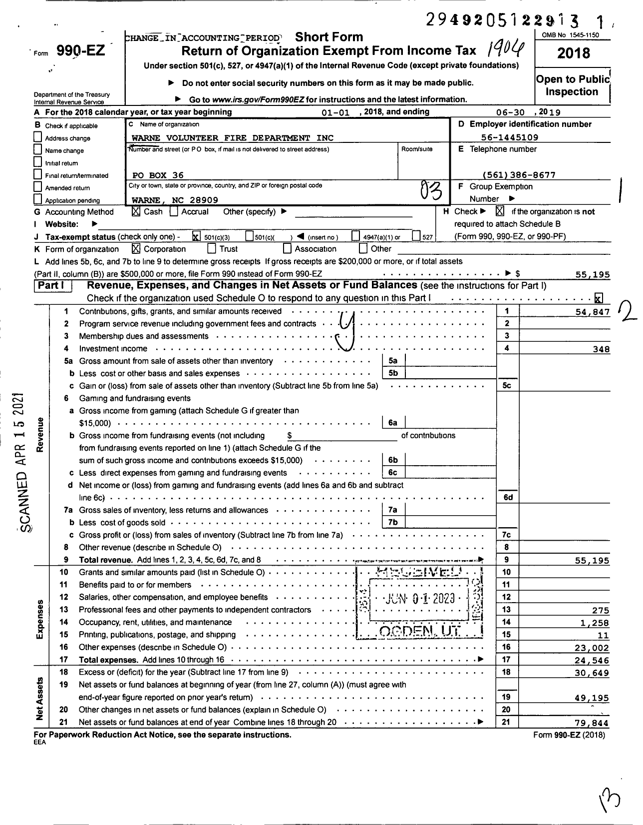 Image of first page of 2018 Form 990EZ for Warne Volunteer Fire Department