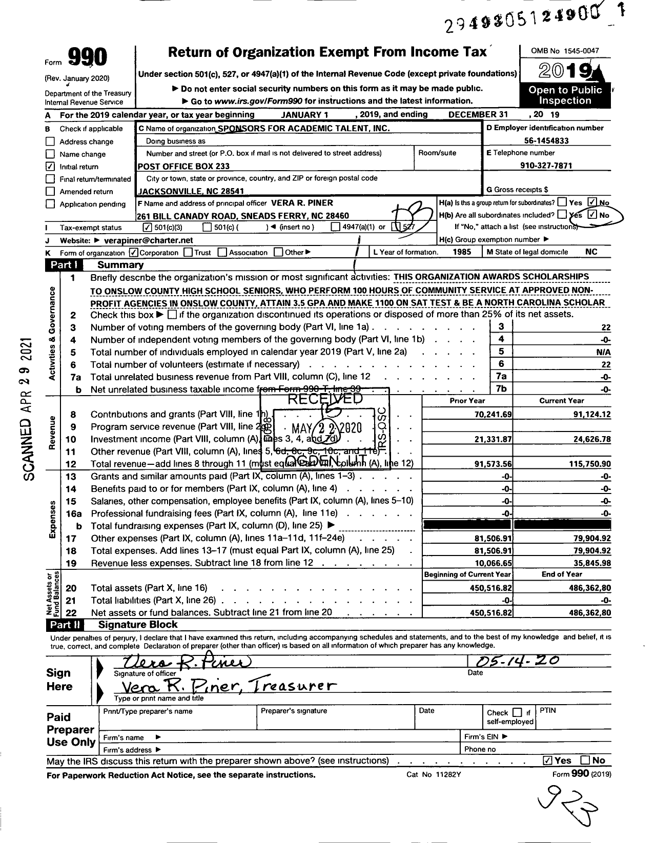 Image of first page of 2019 Form 990 for Sponsors for Academic Talent