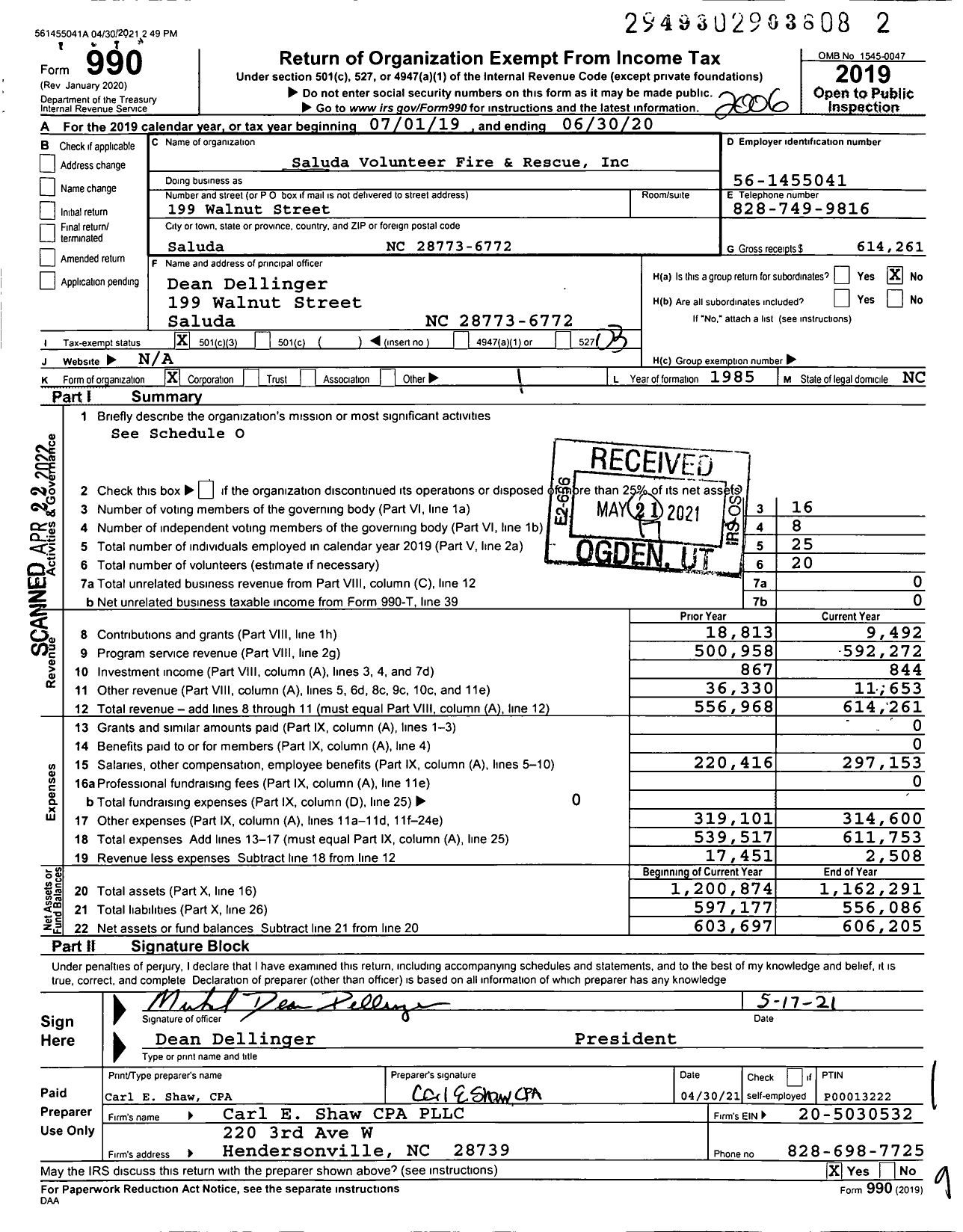 Image of first page of 2019 Form 990 for Saluda Volunteer Fire and Rescue