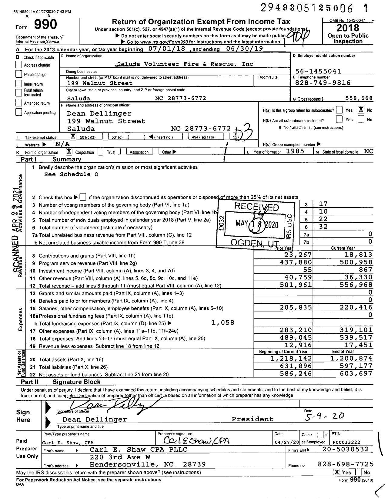 Image of first page of 2018 Form 990 for Saluda Volunteer Fire and Rescue