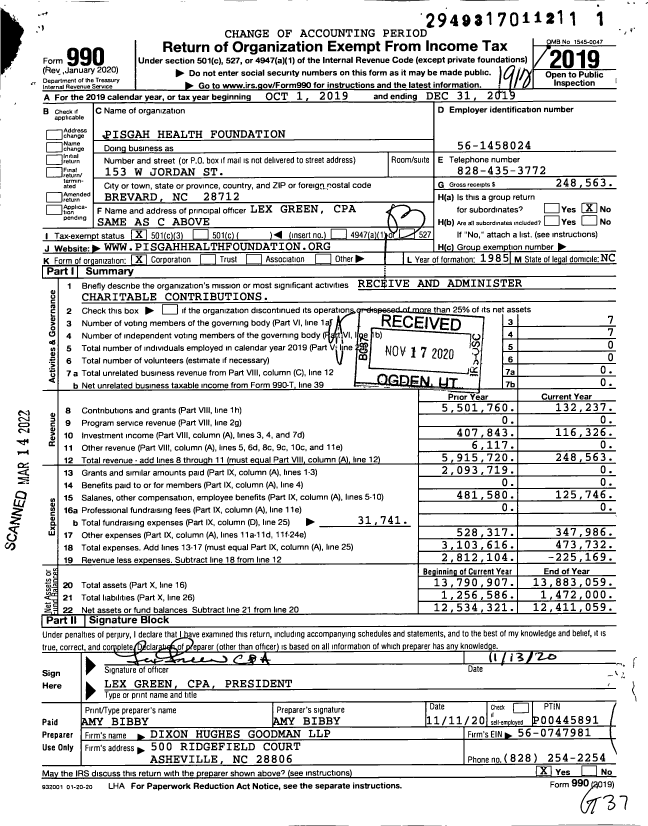 Image of first page of 2019 Form 990 for Pisgah Health Foundation