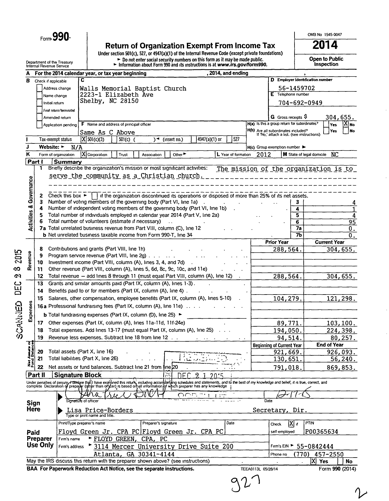 Image of first page of 2014 Form 990 for Walls Memorial Baptist Church