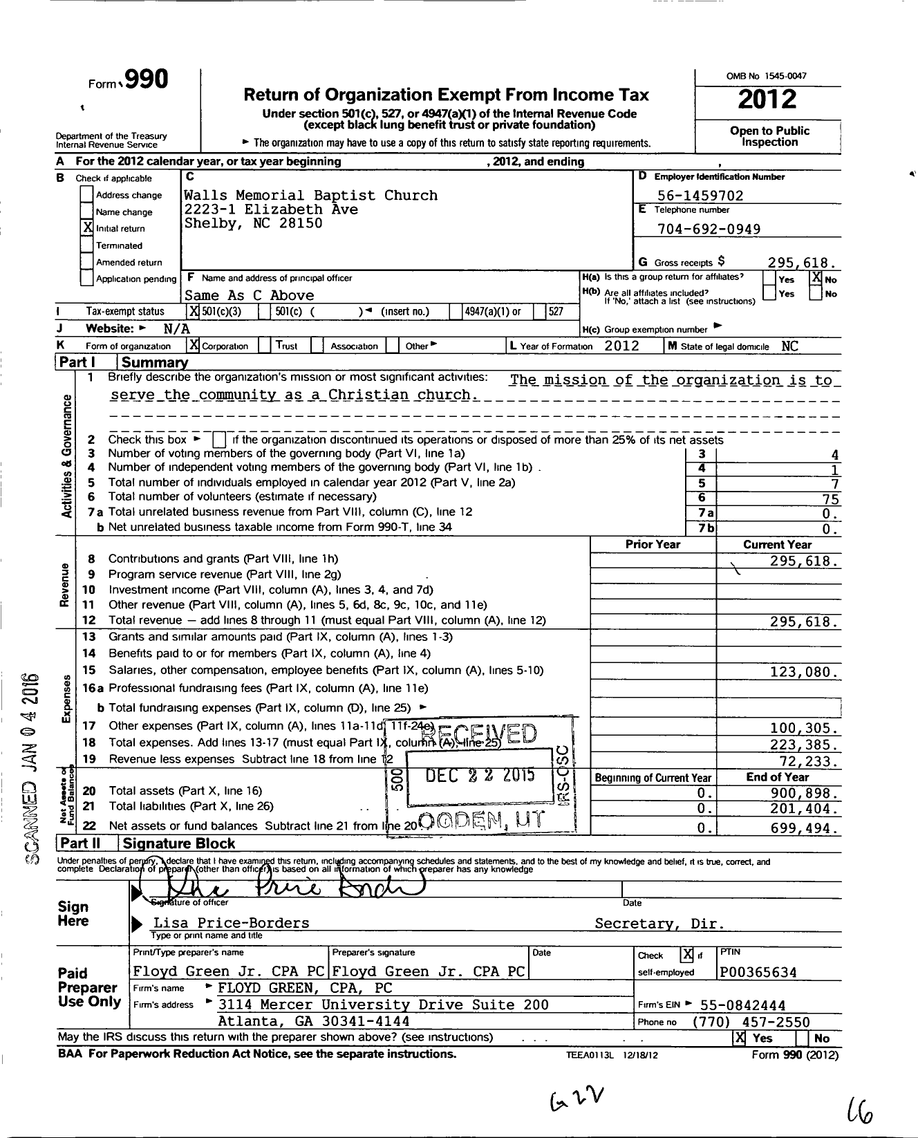 Image of first page of 2012 Form 990 for Walls Memorial Baptist Church