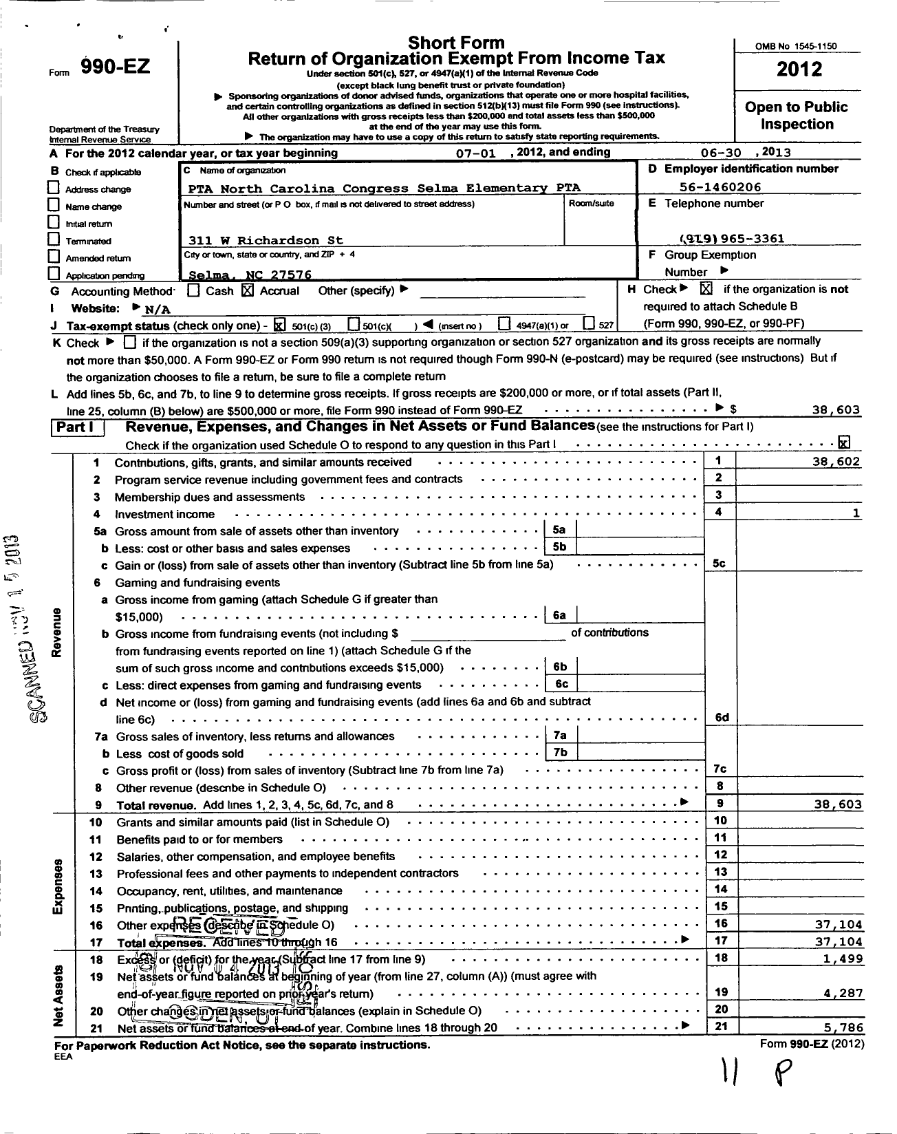 Image of first page of 2012 Form 990EZ for North Carolina PTA - Selma Elementary PTA