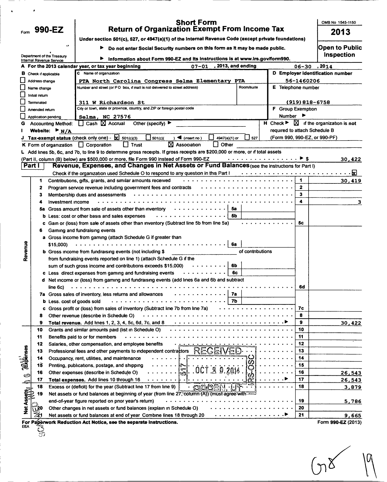 Image of first page of 2013 Form 990EZ for North Carolina PTA - Selma Elementary PTA