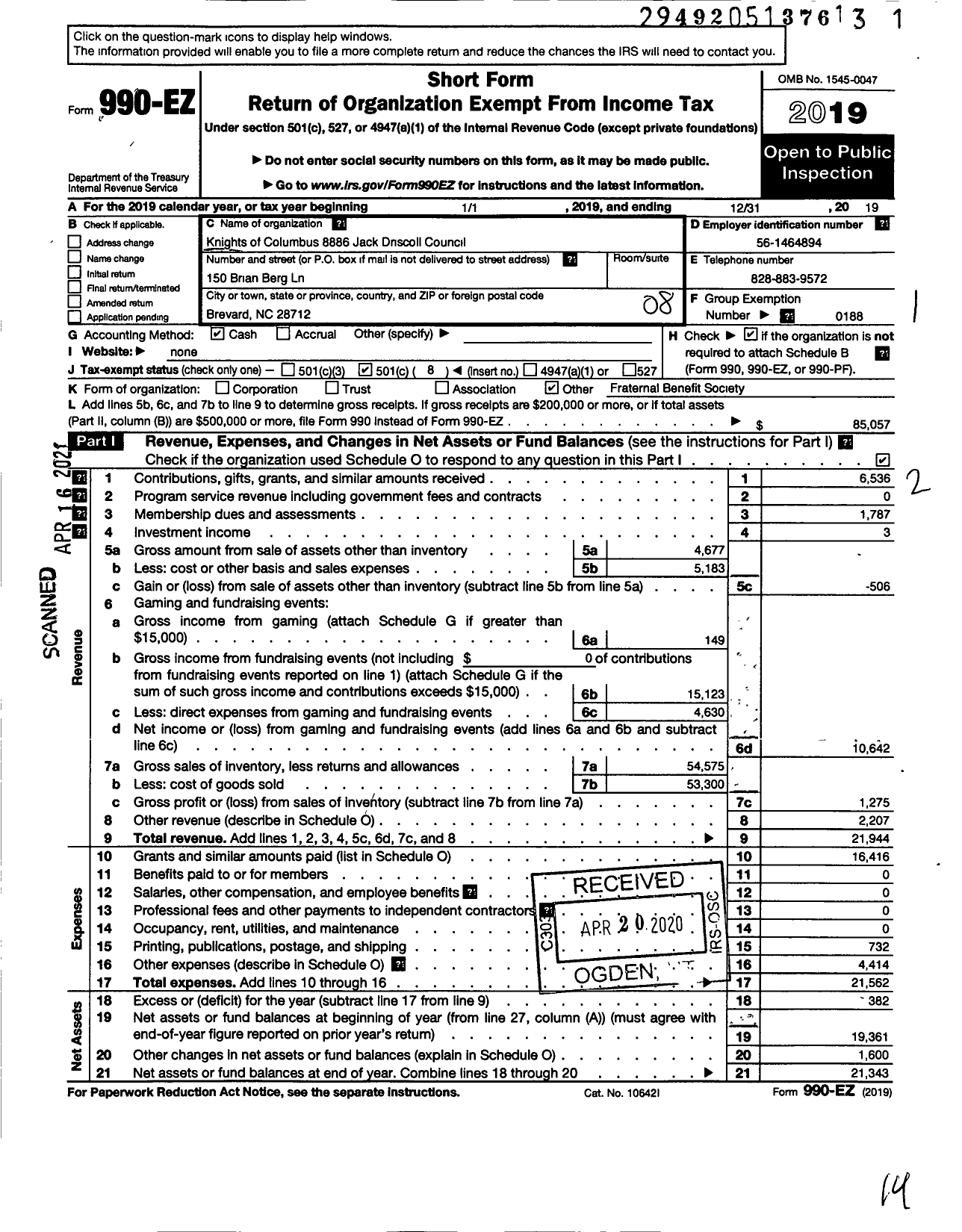 Image of first page of 2019 Form 990EO for Knights of Columbus - 8886 Jack Driscoll Council