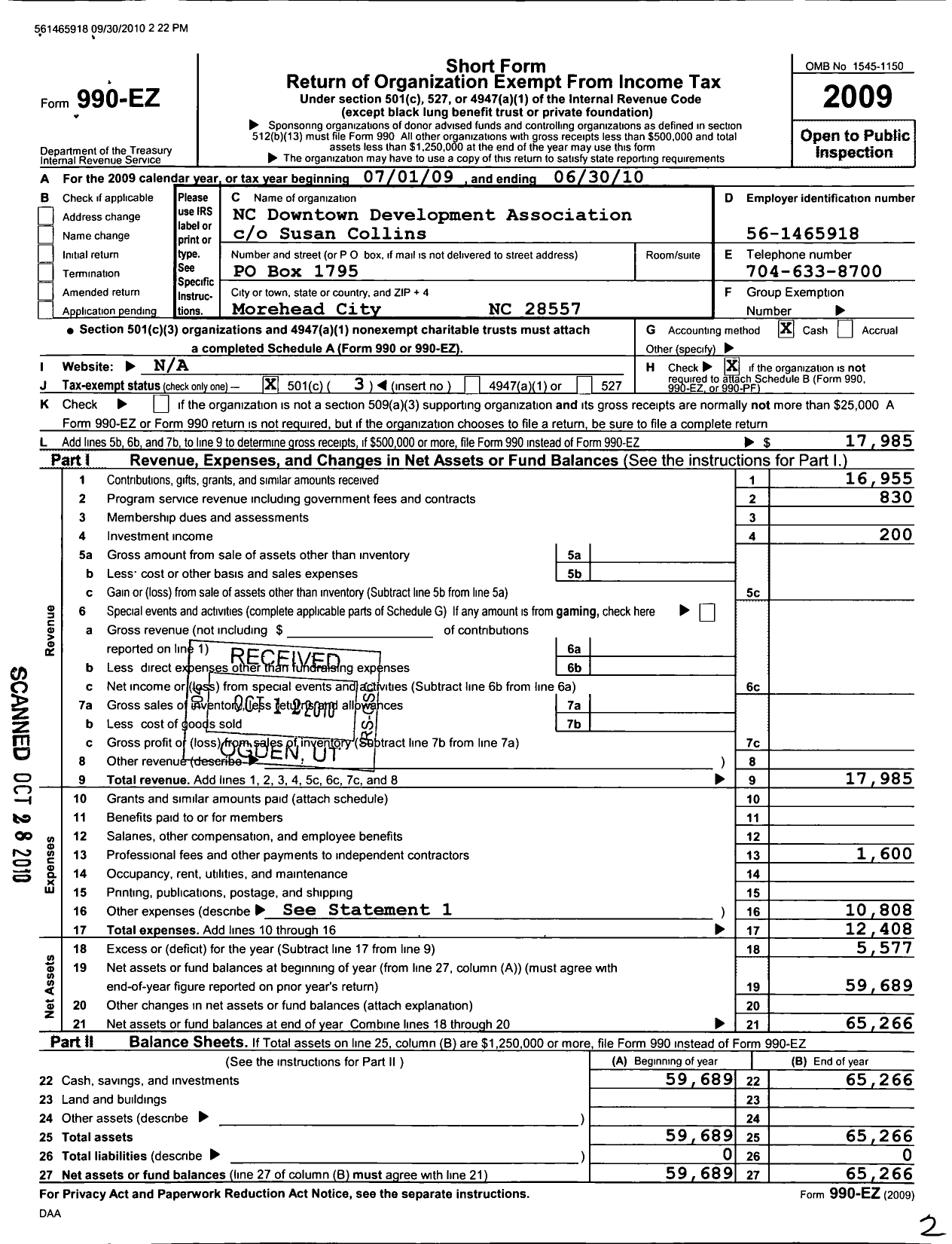 Image of first page of 2009 Form 990EZ for North Carolina Downtown Charitable Foundation