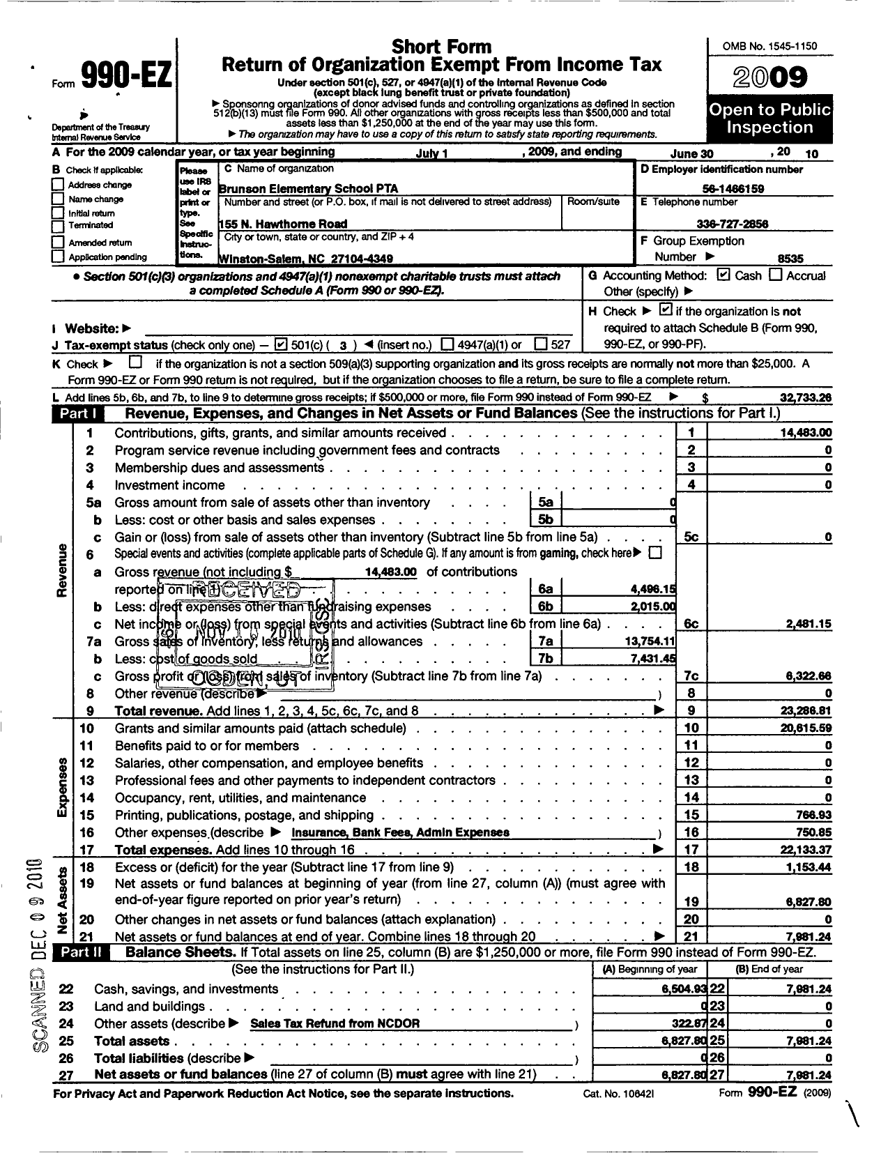 Image of first page of 2009 Form 990EZ for North Carolina PTA - Brunson Elementary School PTA