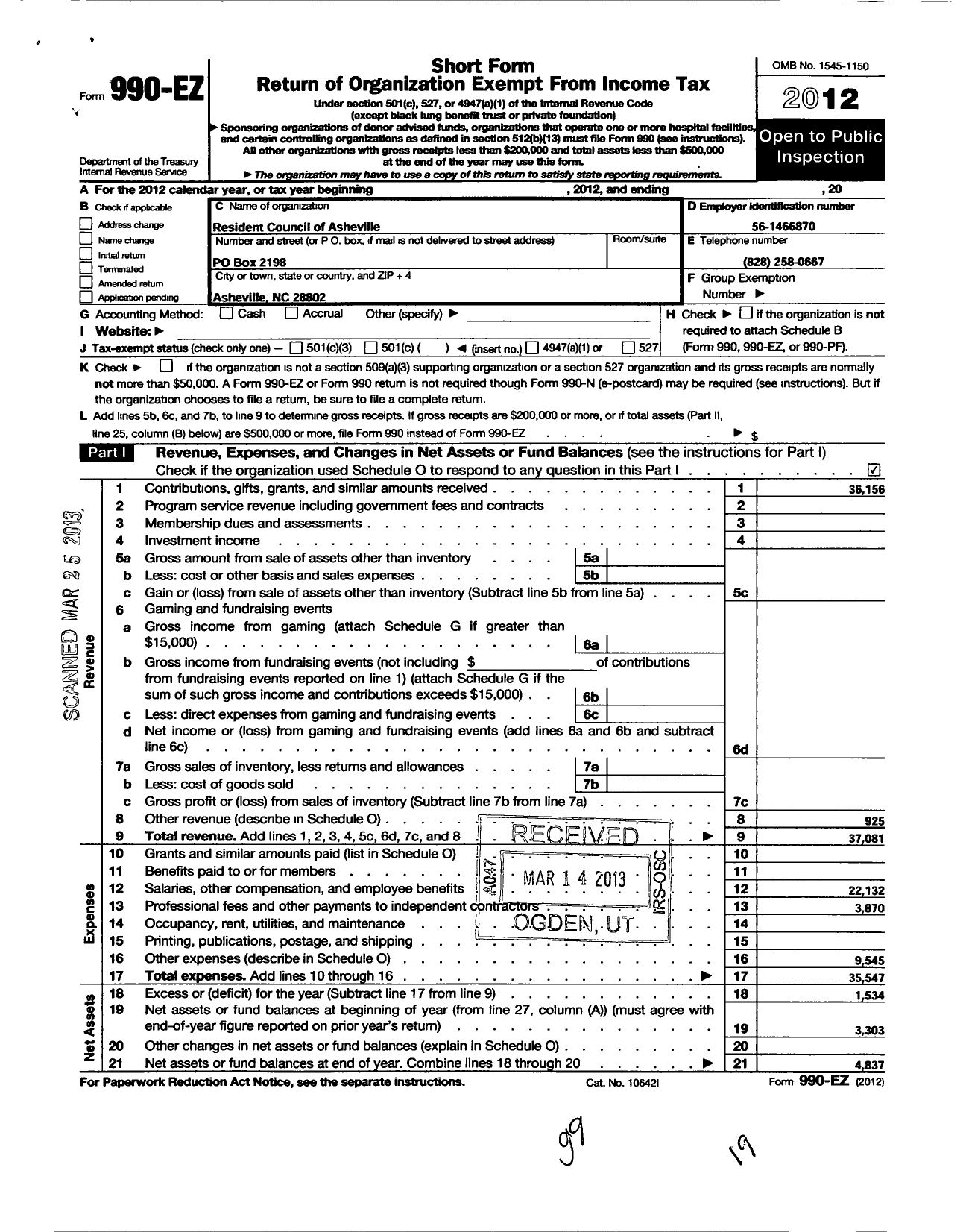 Image of first page of 2012 Form 990EO for Resident Council of Asheville