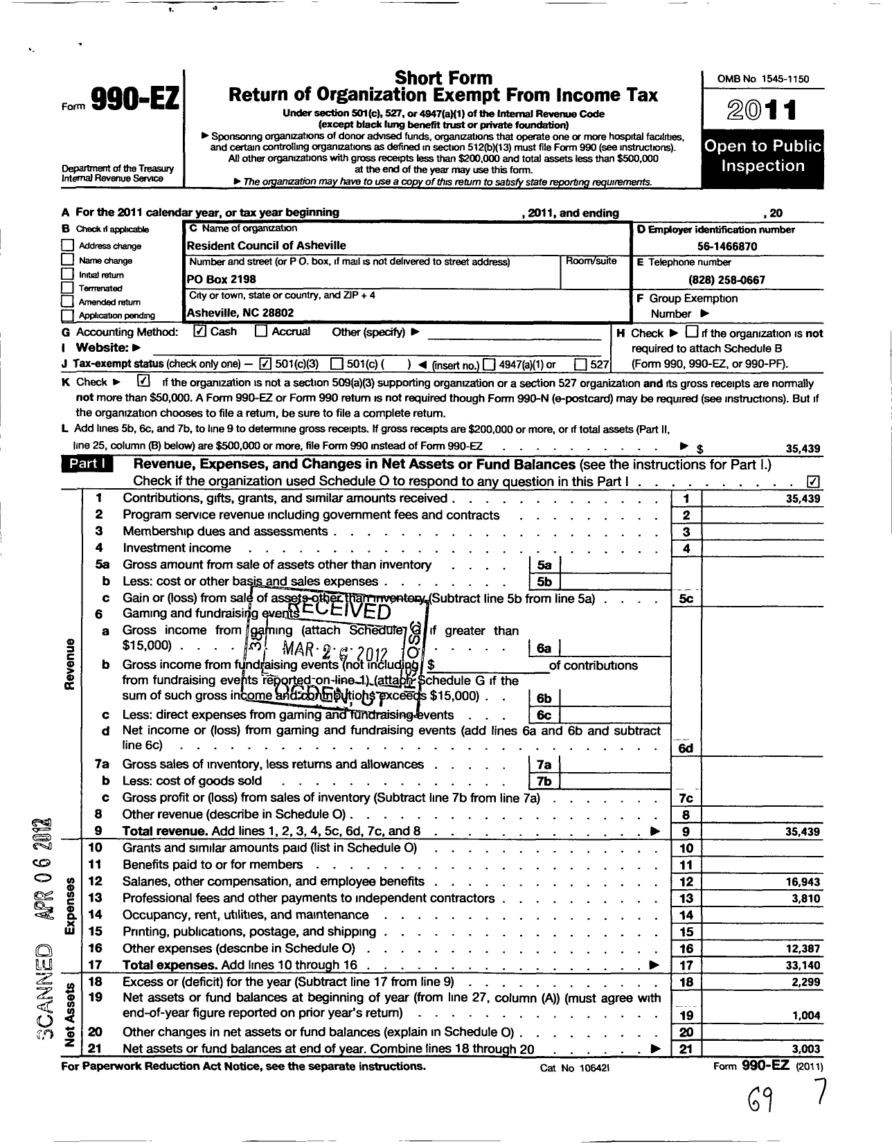 Image of first page of 2011 Form 990EZ for Resident Council of Asheville