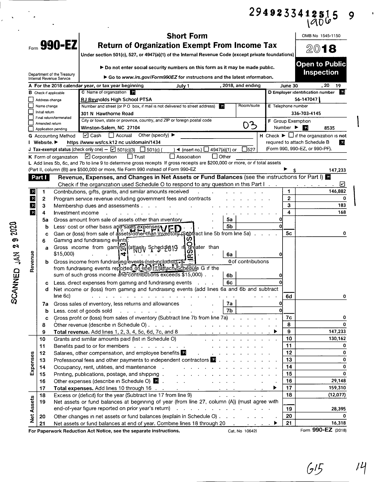 Image of first page of 2018 Form 990EZ for NORTH CAROLINA PTA - R J Reynolds High School PTSA