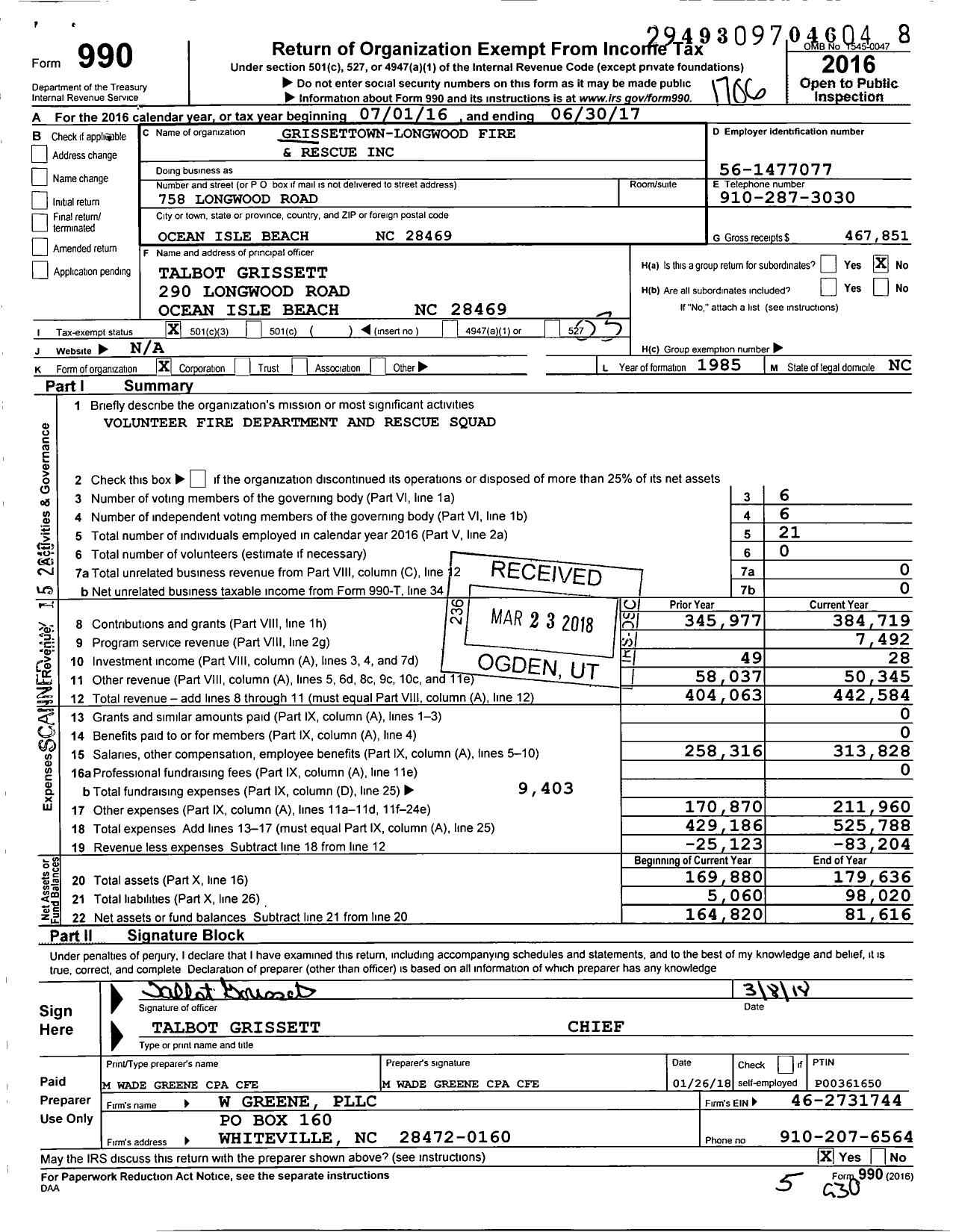 Image of first page of 2016 Form 990 for Grissettown-Longwood Fire and Rescue