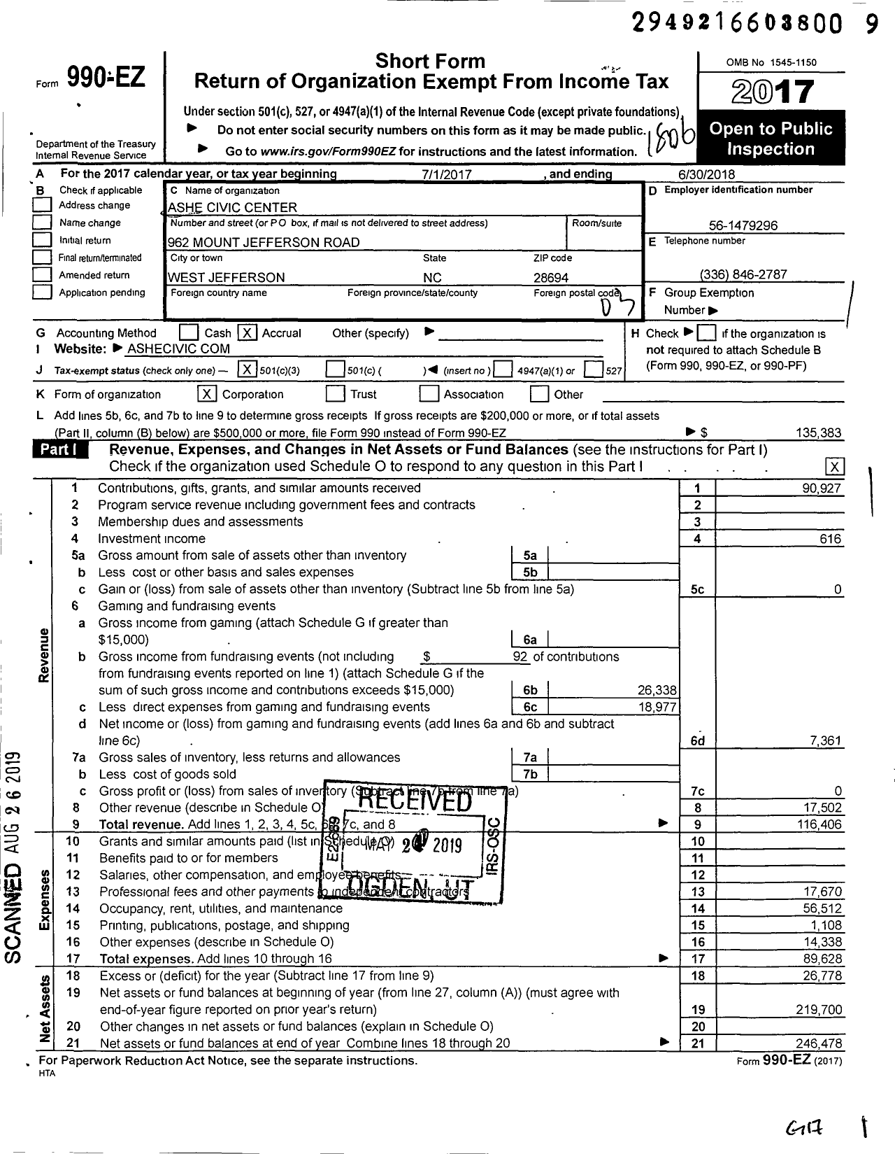 Image of first page of 2017 Form 990EZ for Ashe Civic Center