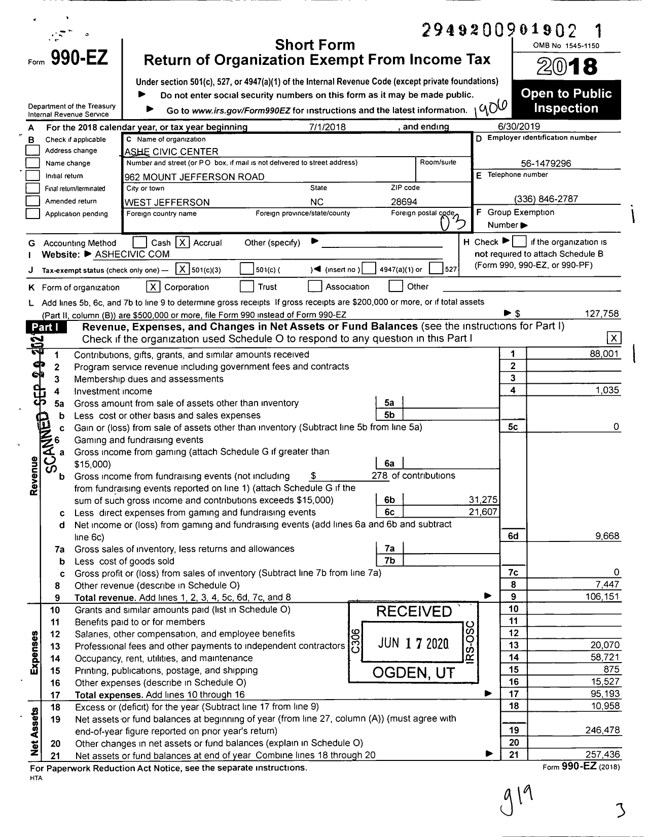 Image of first page of 2018 Form 990EZ for Ashe Civic Center