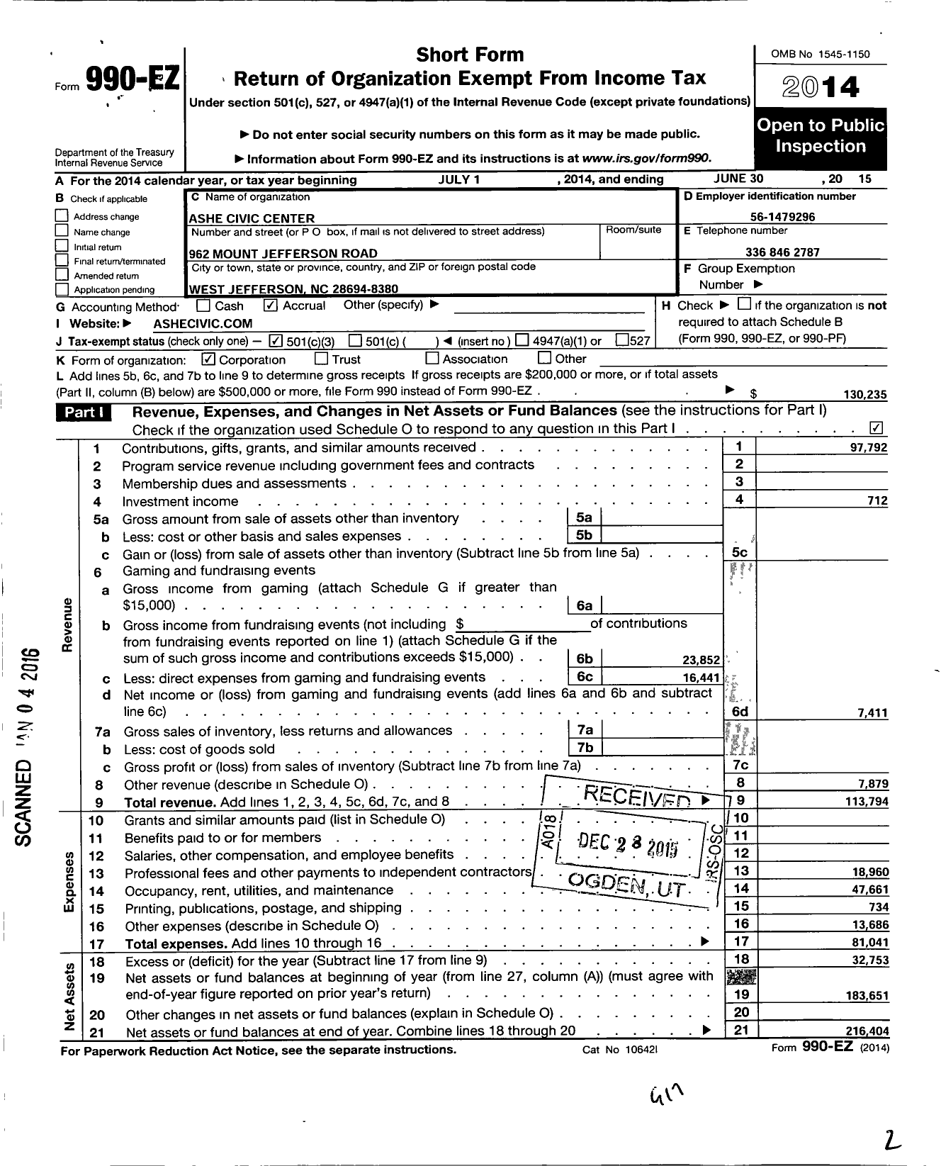 Image of first page of 2014 Form 990EZ for Ashe Civic Center