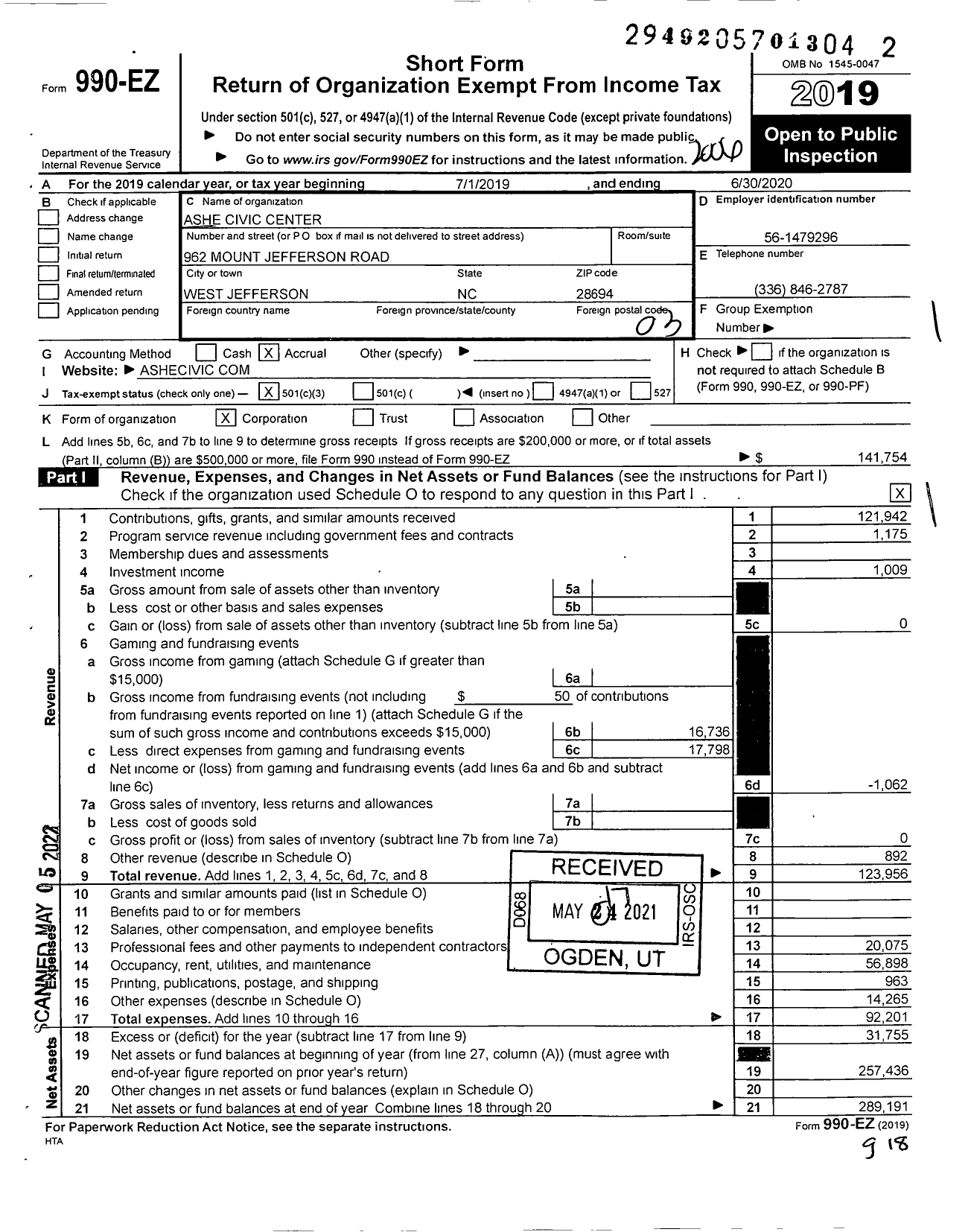 Image of first page of 2019 Form 990EZ for Ashe Civic Center