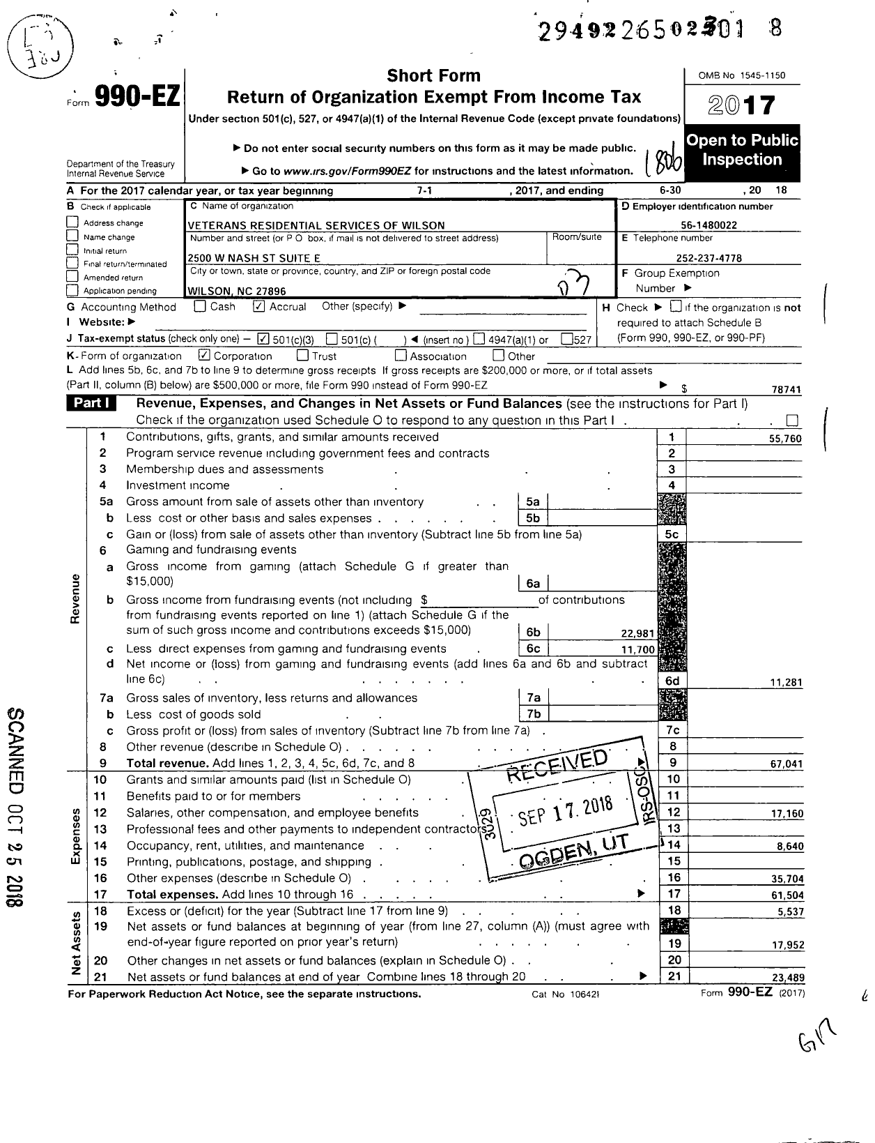 Image of first page of 2017 Form 990EZ for Veterans Residential Services of Wilson