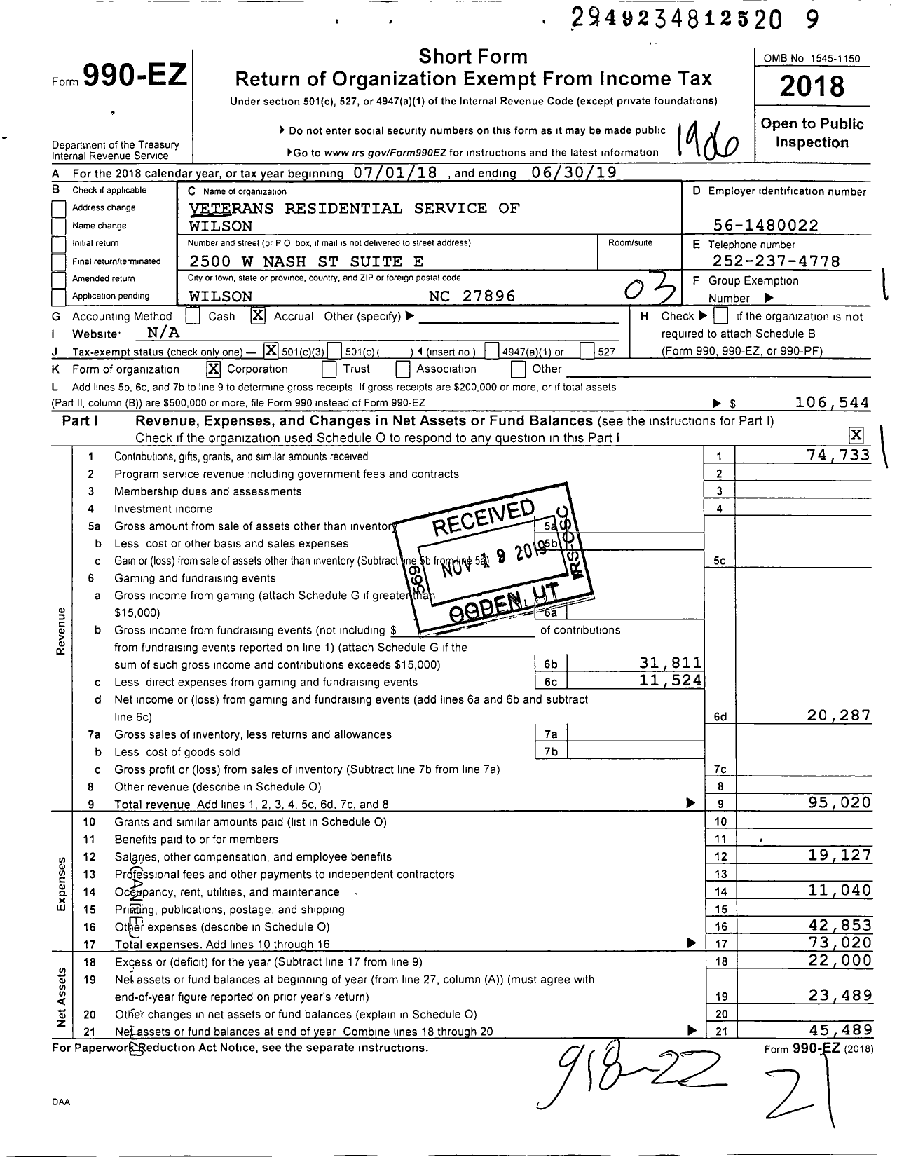 Image of first page of 2018 Form 990EZ for Veterans Residential Services of Wilson