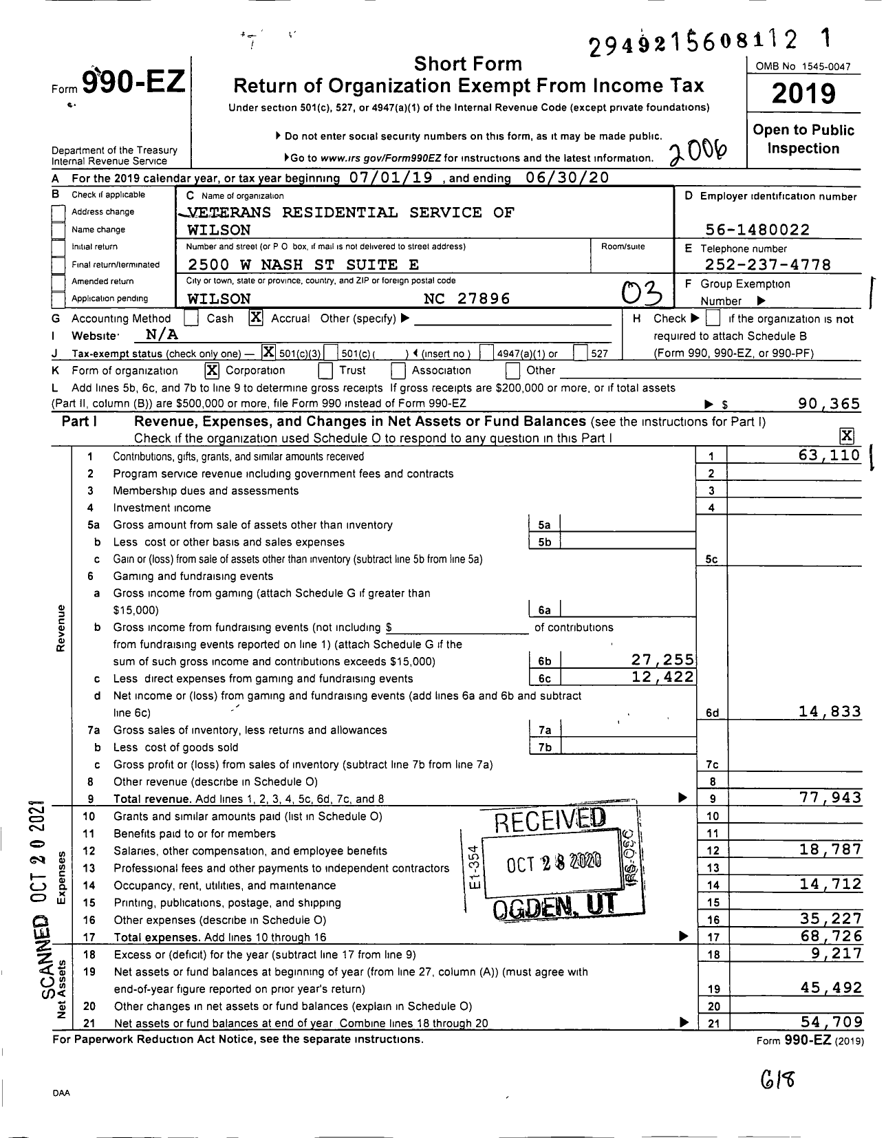 Image of first page of 2019 Form 990EZ for Veterans Residential Services of Wilson