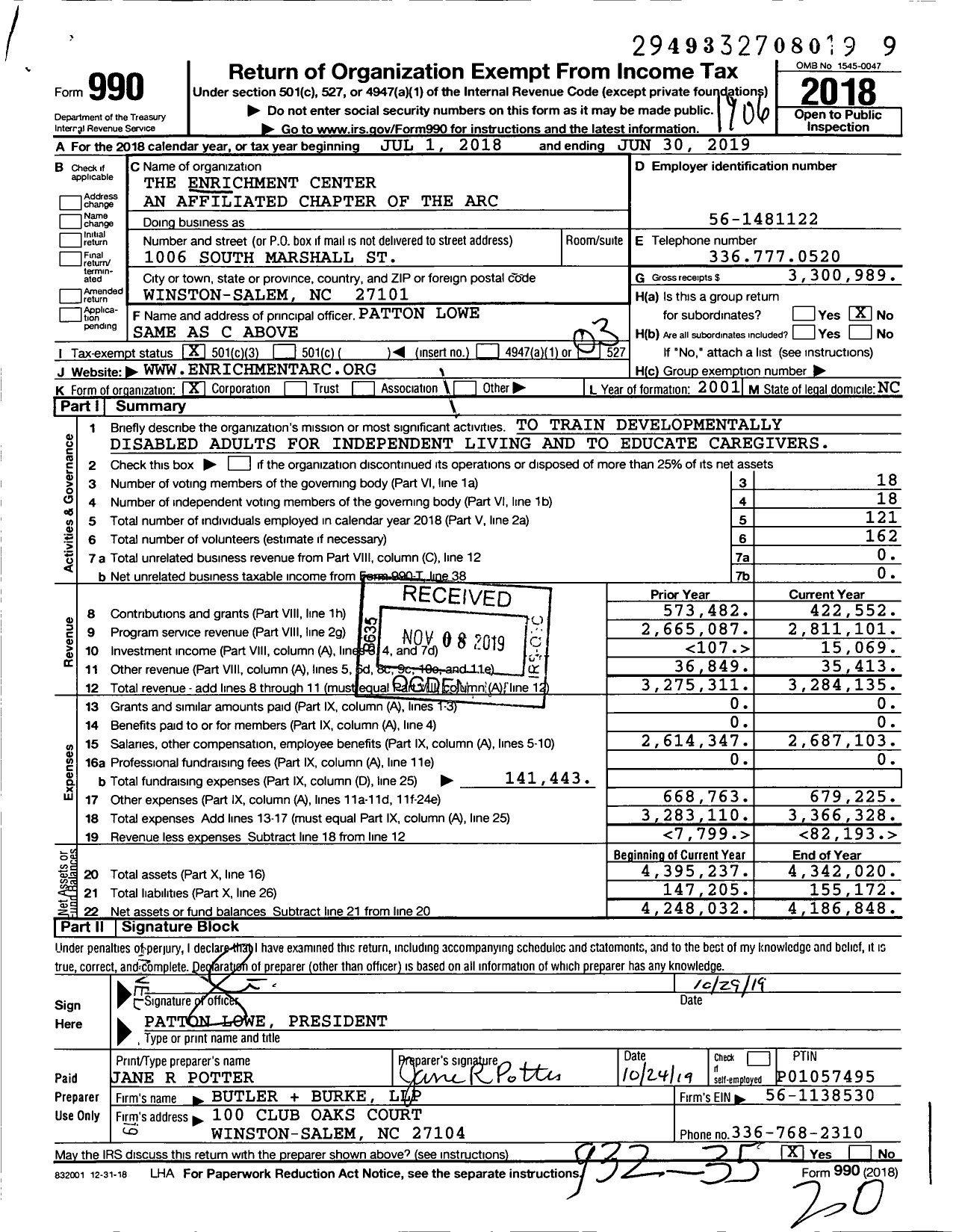 Image of first page of 2018 Form 990 for The Enrichment Center An Affiliated Chapter of the Arc