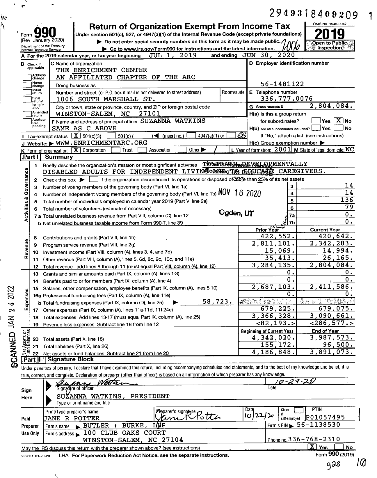 Image of first page of 2019 Form 990 for The Enrichment Center An Affiliated Chapter of the Arc